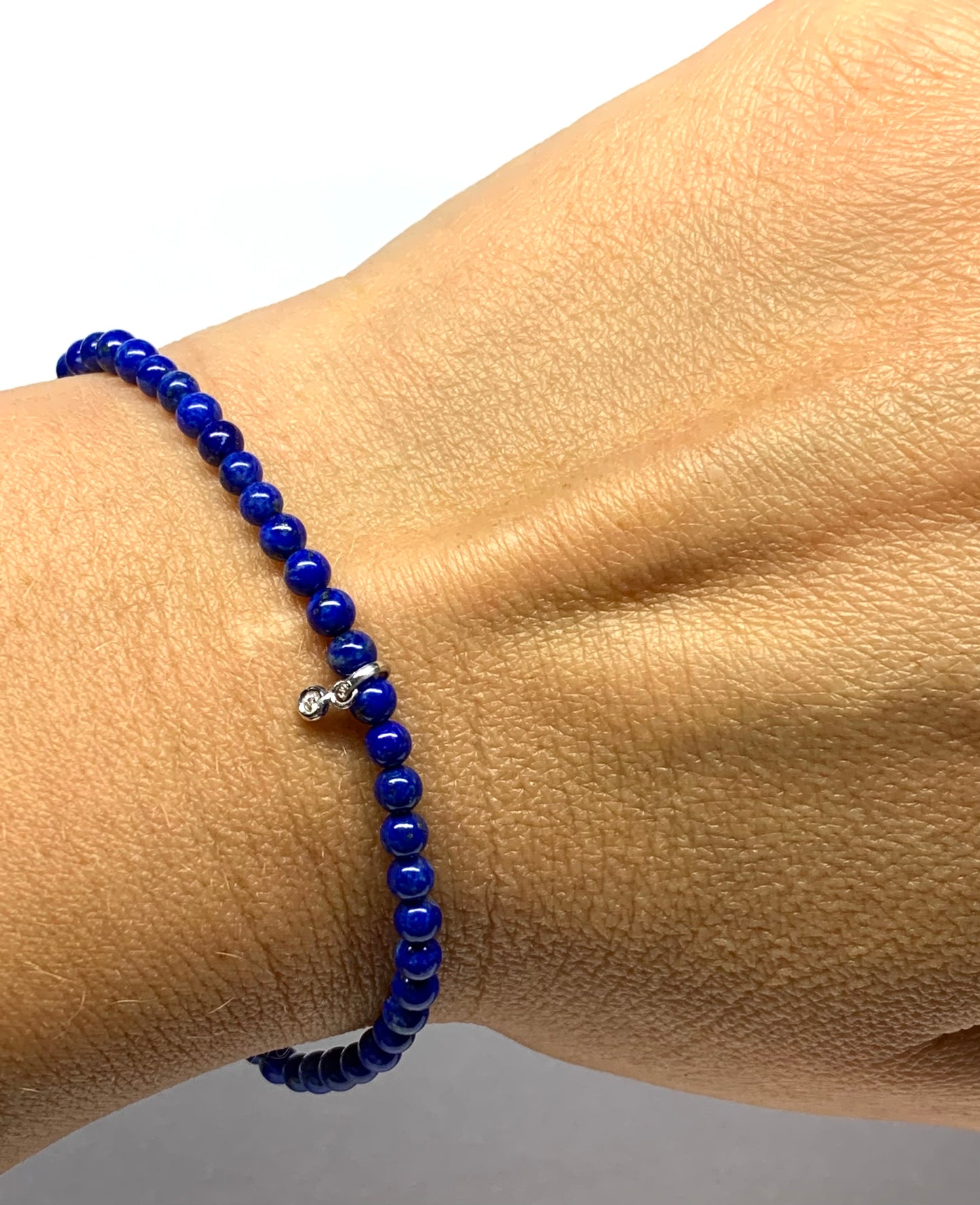 14k Solid Gold, Diamond, Lapis Lazuli Beads Stretch Bracelet