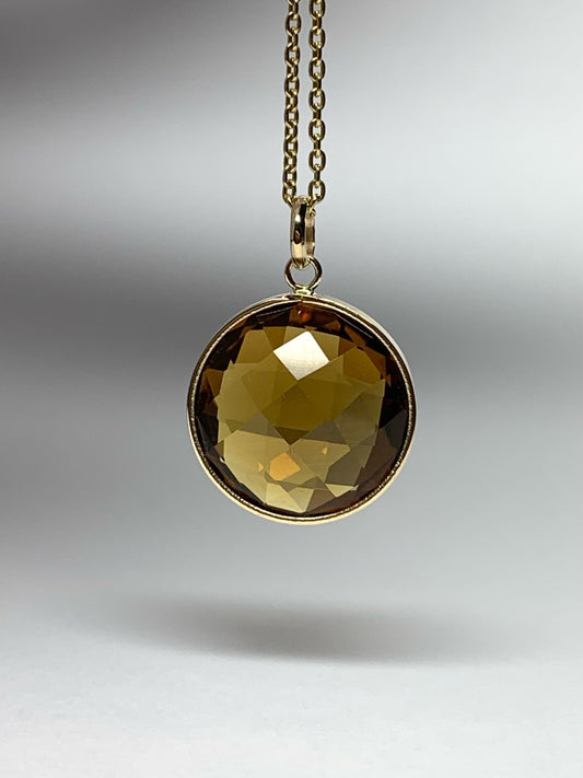 14K Solid Yellow Gold, Round Cognac Quartz Drop Pendant