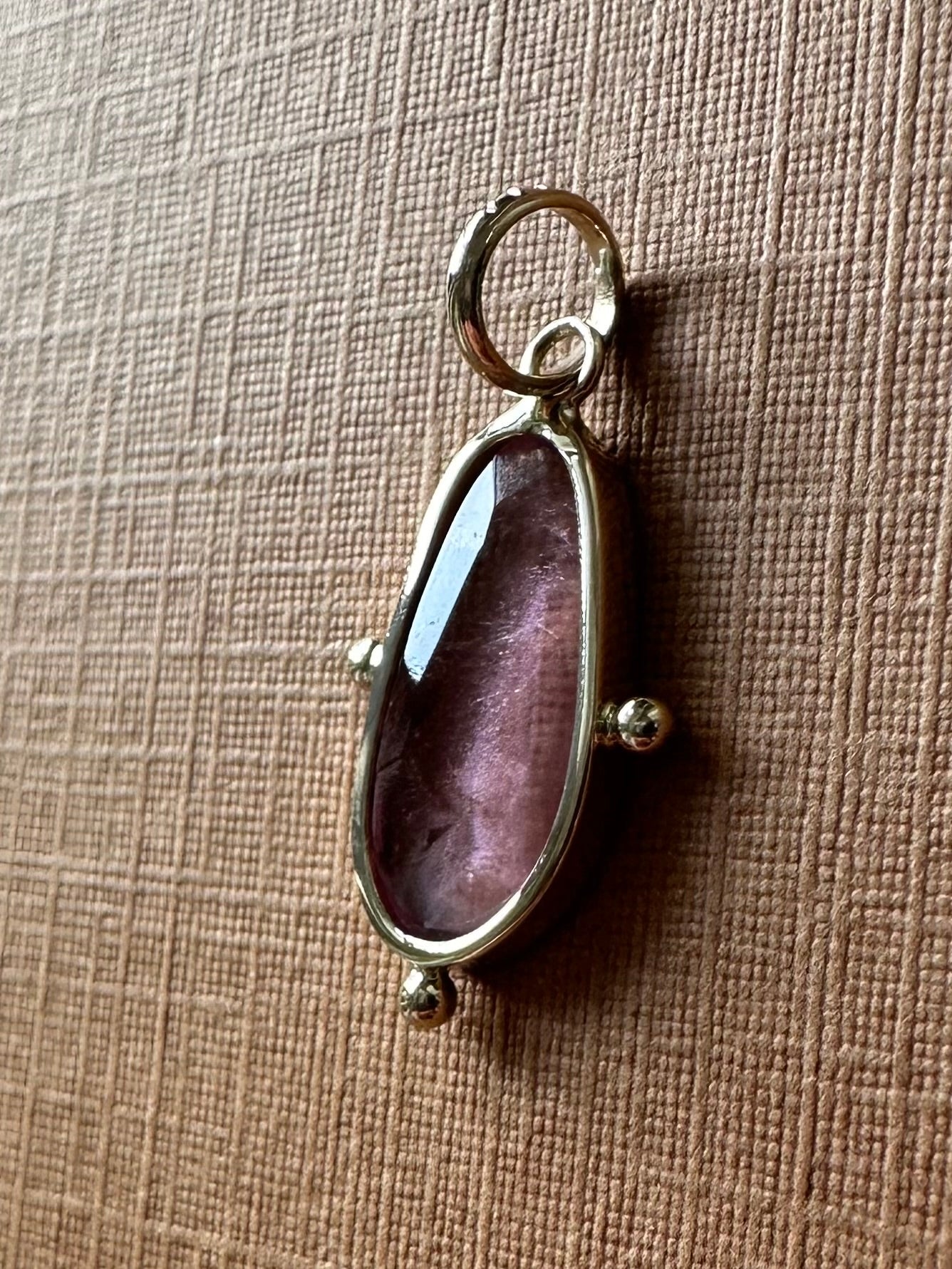 14k Solid Yellow Gold, Natural Pink Tourmaline Mini Pendant, Golden Dots