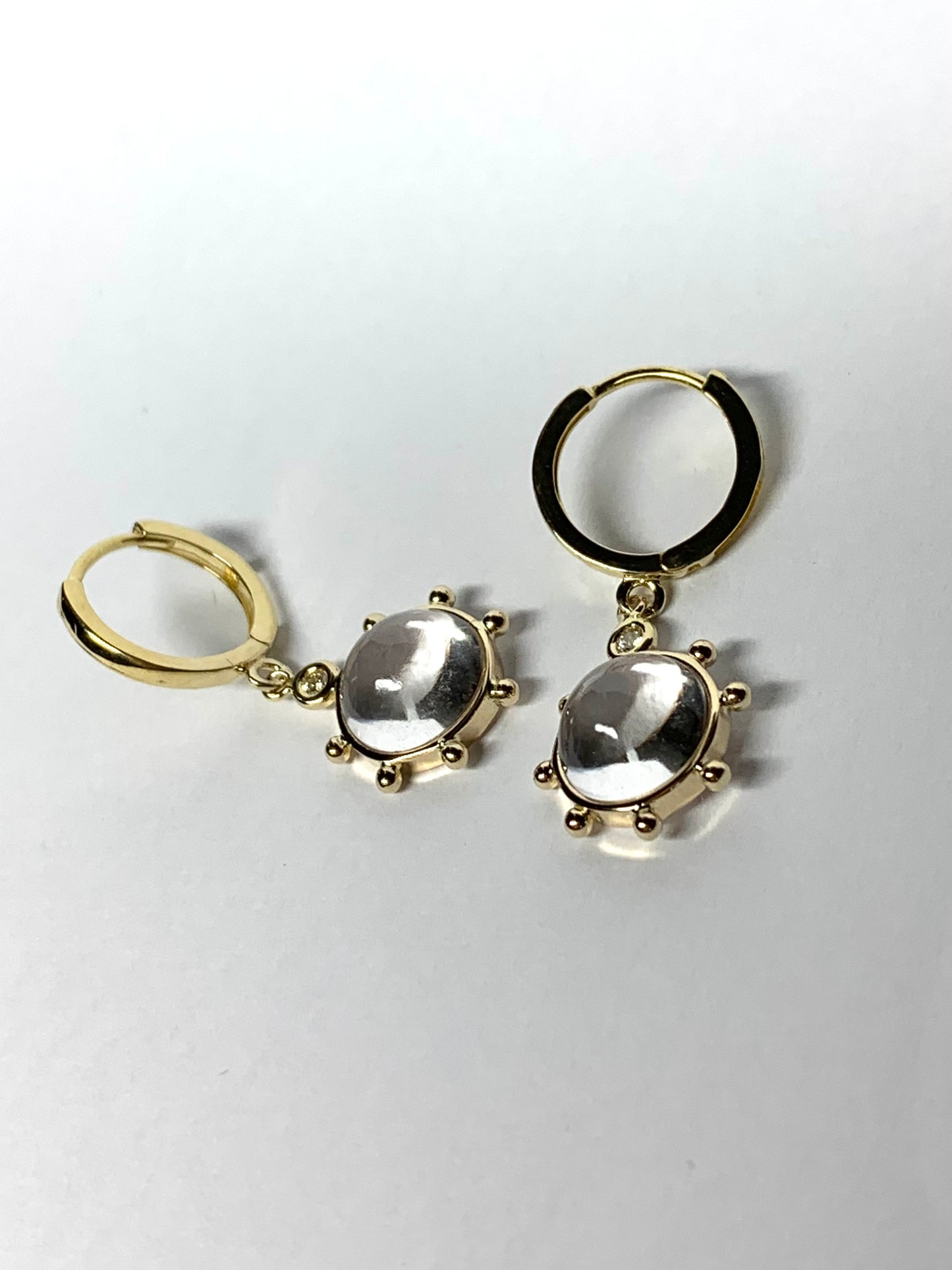 14k Solid Yellow Gold, Diamonds, Clear Quartz “Sun” Mini Earrings