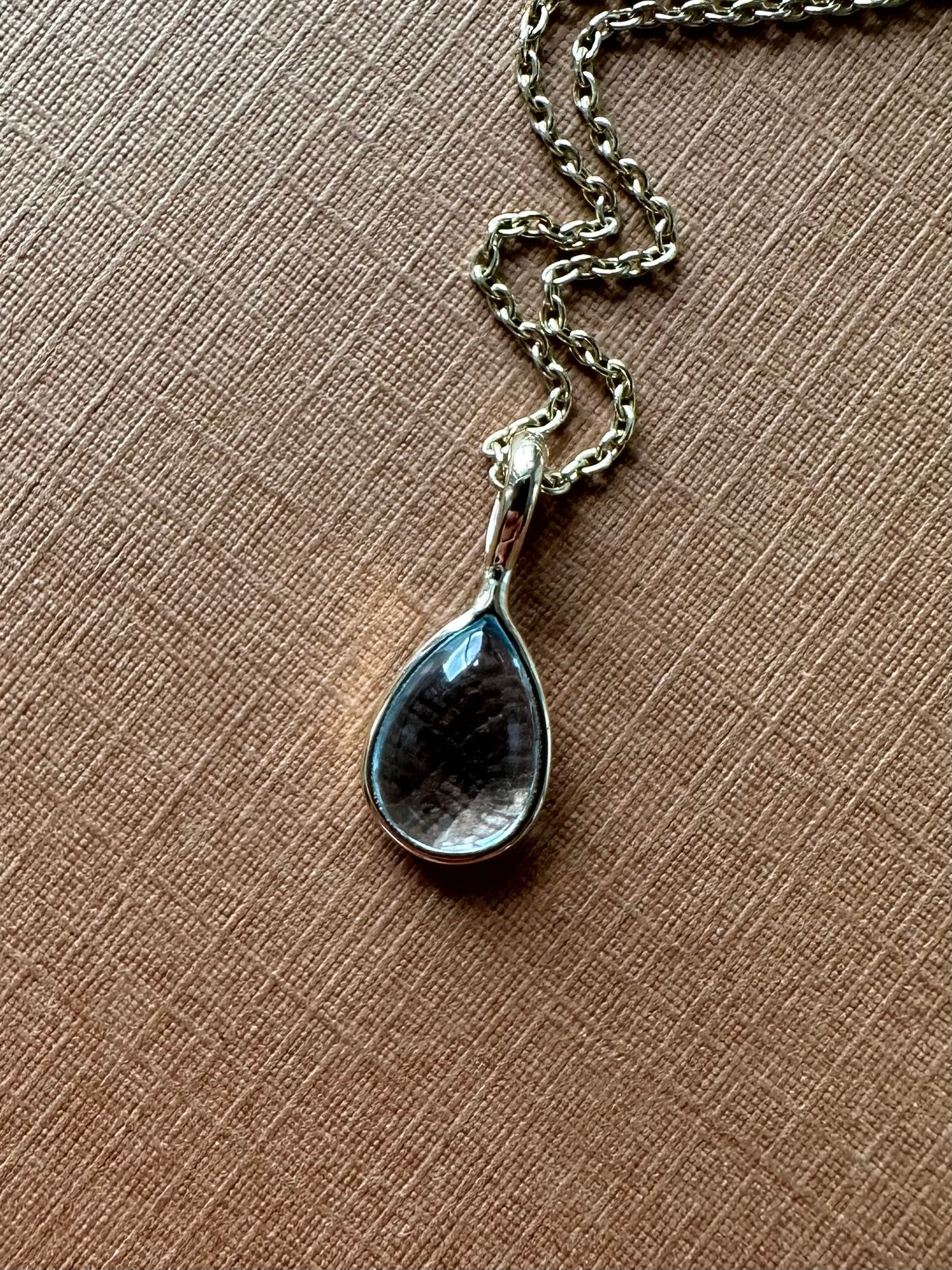 “Water Drop”, 14k Solid Yellow Gold, Blue Topaz Pear Cabochon Mini Pendant