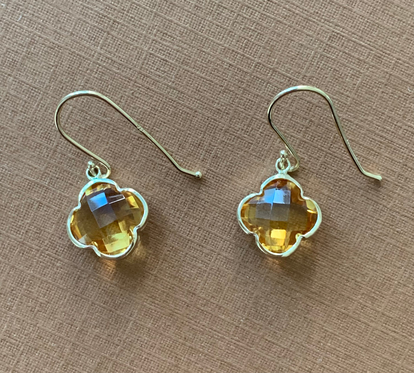 14k Solid Yellow Gold, Yellow Citrine “Clover” Mini Earrings, Fish Hook Ear Wires, French Wire