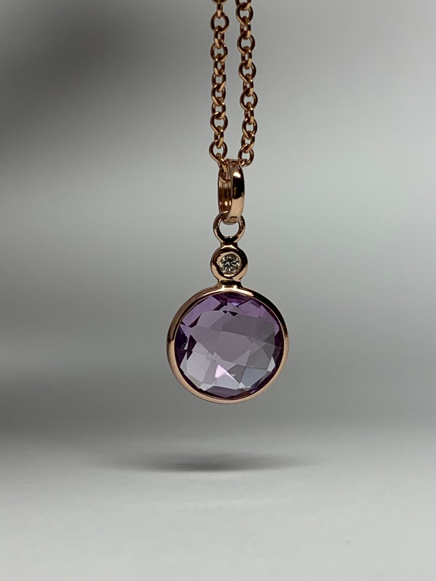 14K Solid Rose Gold, Diamond, Pink Amethyst Mini Pendant