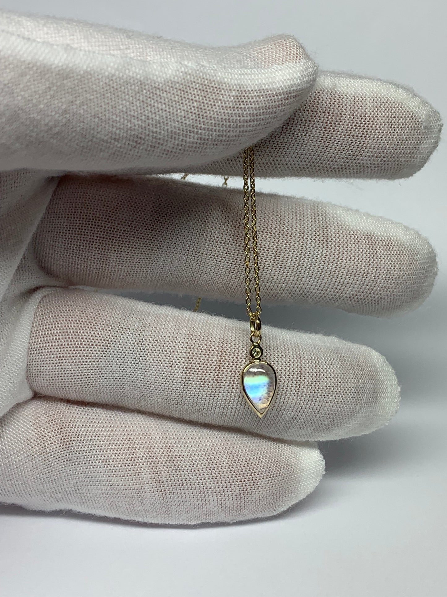 14k Solid Yellow Gold, Diamond, Pear Shaped Blue Rainbow Moonstone Mini Pendant