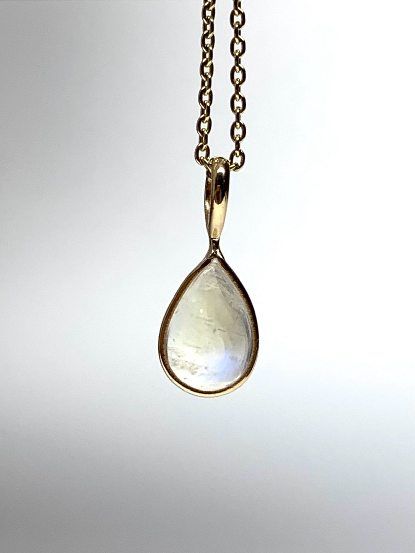 Mini Pendant “Moon Drop”, 14k Solid Yellow Gold, Natural Rainbow Blue Moonstone