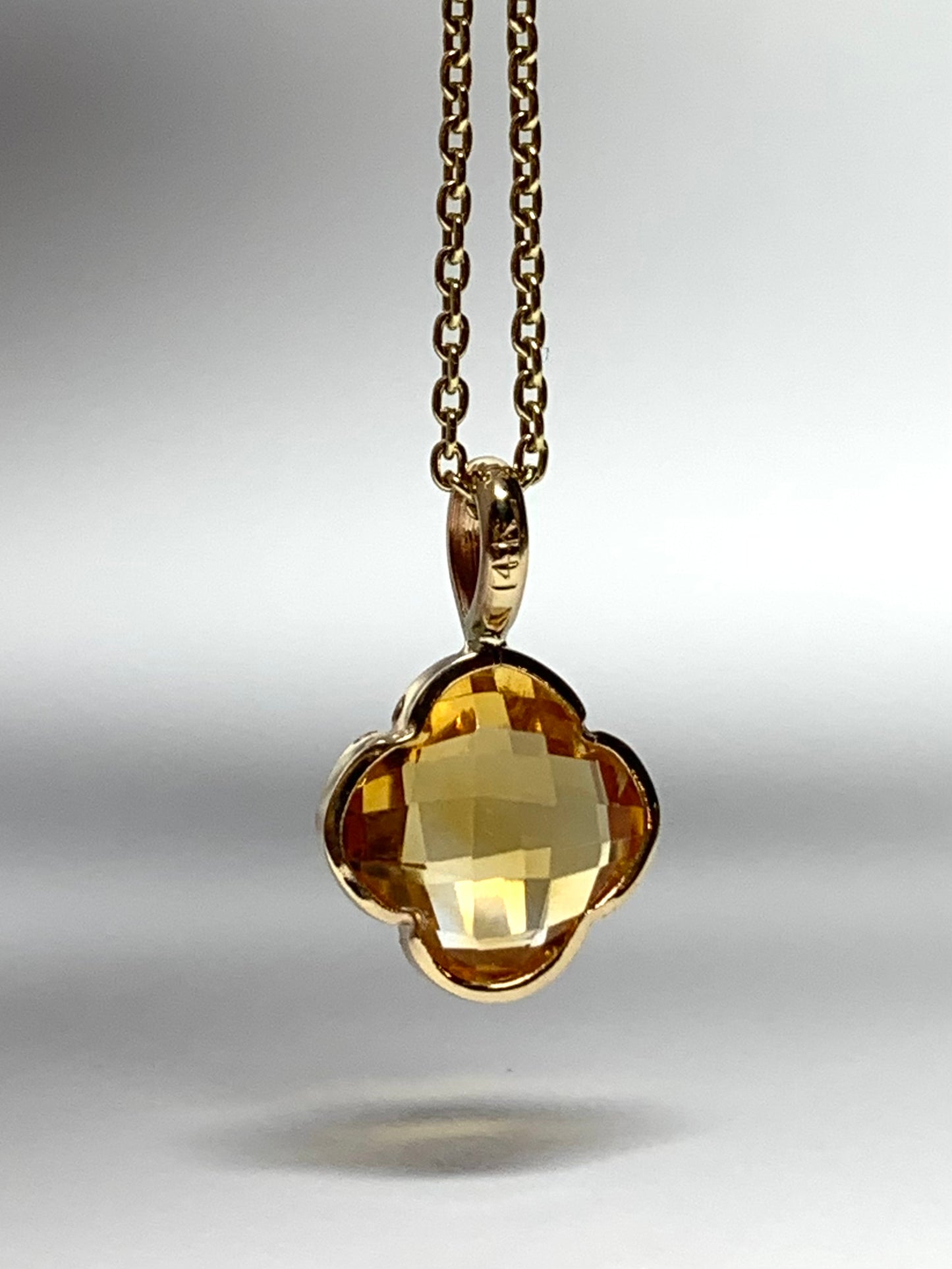 14k Solid Yellow Gold, Yellow Citrine Pendant “Clover”, Mini Size