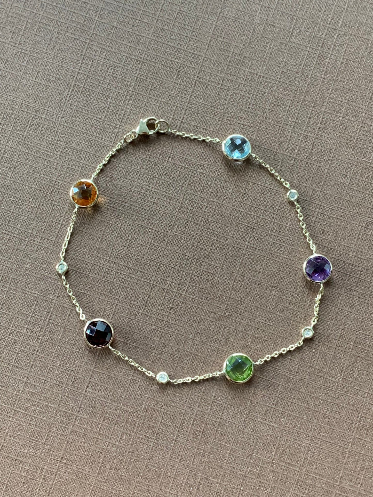 14k Solid Yellow Gold, Diamonds, Multi Gemstone Bracelet, Citrine, Garnet, Peridot, Amethyst, Blue Topaz