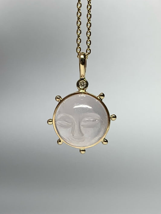 14k Solid Yellow Gold, Rose Pink Quartz, Diamond “Sun” Pendant