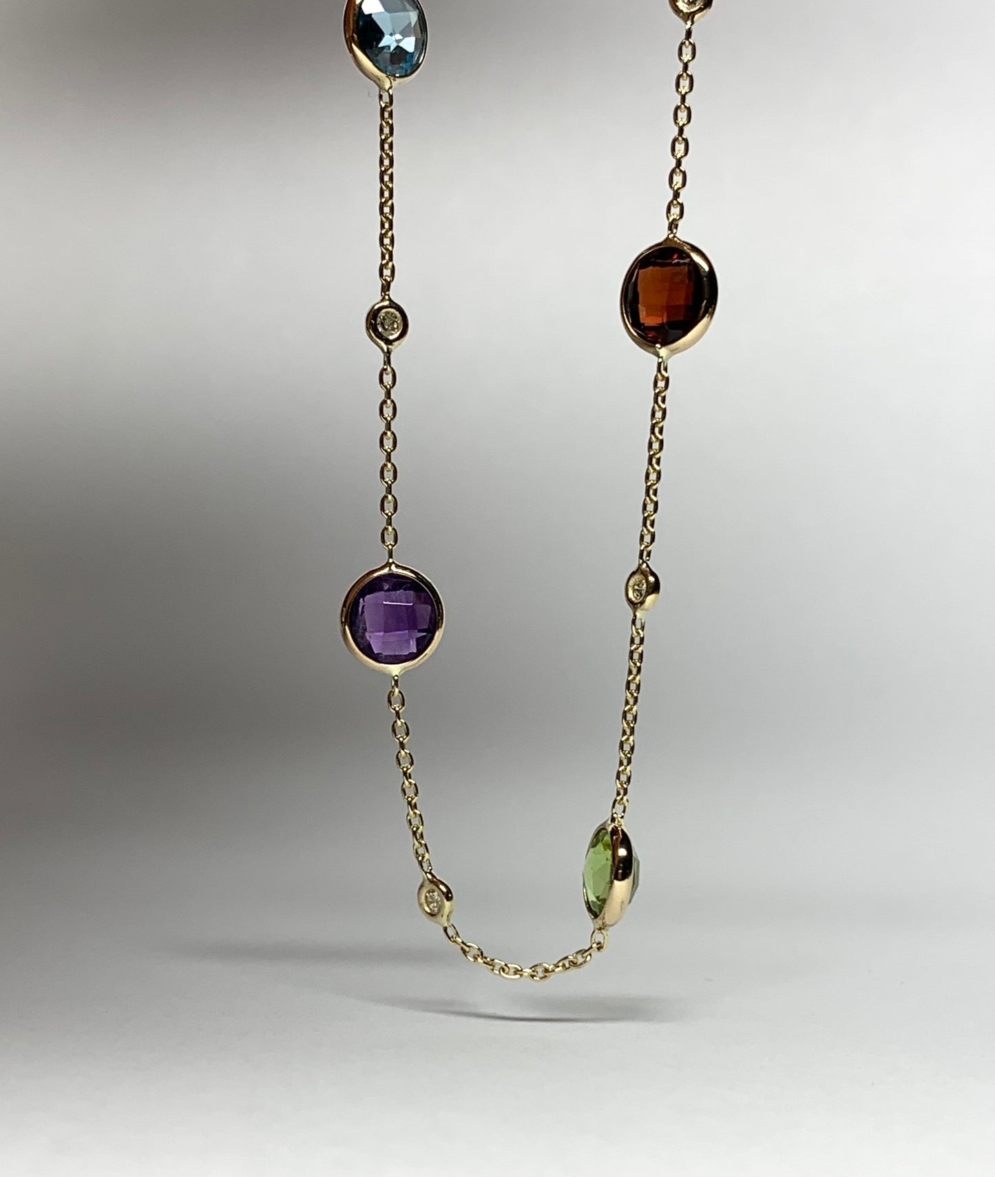 14k Solid Yellow Gold, Diamonds, Multi Gemstone Bracelet, Citrine, Garnet, Peridot, Amethyst, Blue Topaz