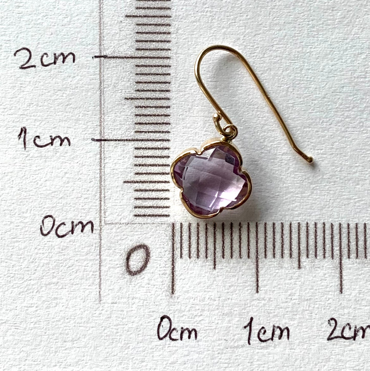 14k Solid Yellow Gold, Pink Amethyst “Clover” Mini Earrings, Fish Hook Ear Wires, French Wire