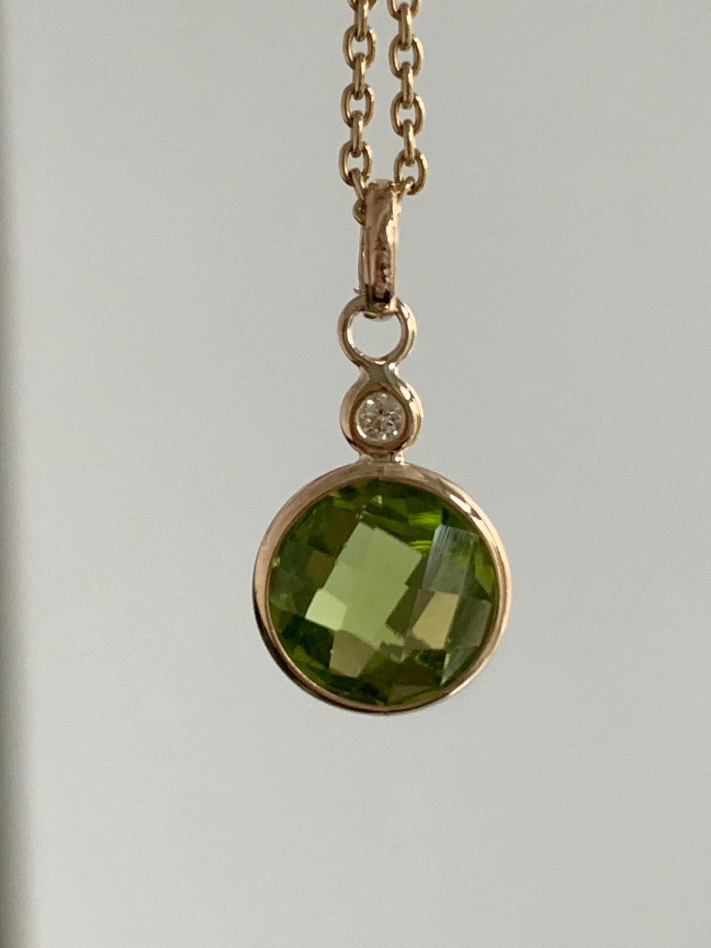 14k Solid Yellow Gold, Diamond, Green Peridot Mini Pendant