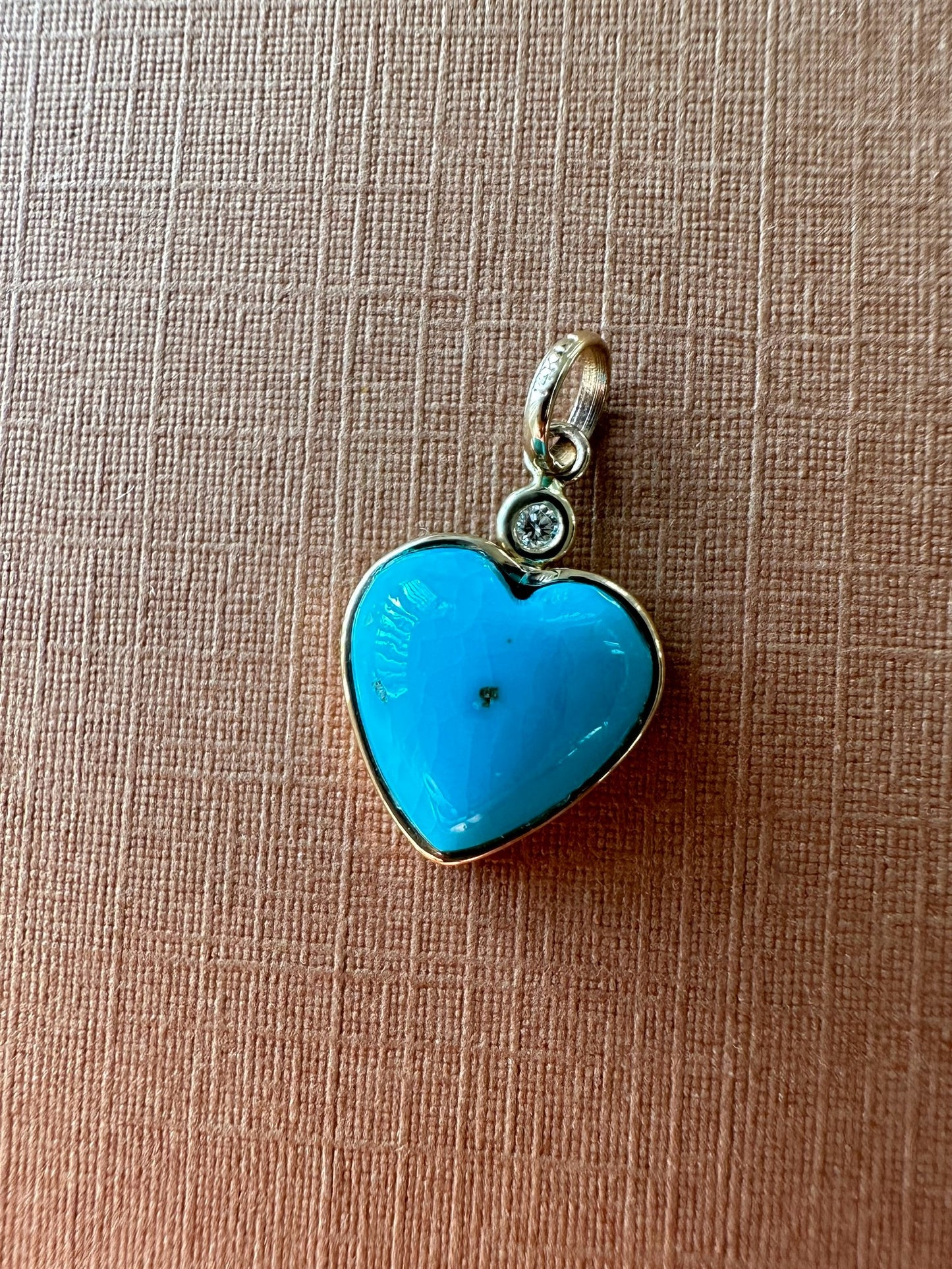 14k Solid Yellow Gold, Diamond, Sleeping Beauty Blue Turquoise “Heart” Mini Pendant