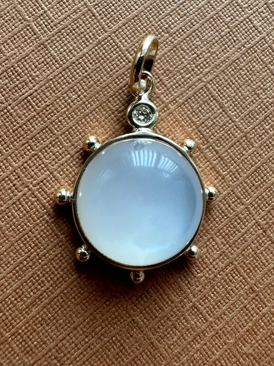 14k Solid Yellow Gold, White Moonstone, Diamond “Sun” Pendant, Mini Size