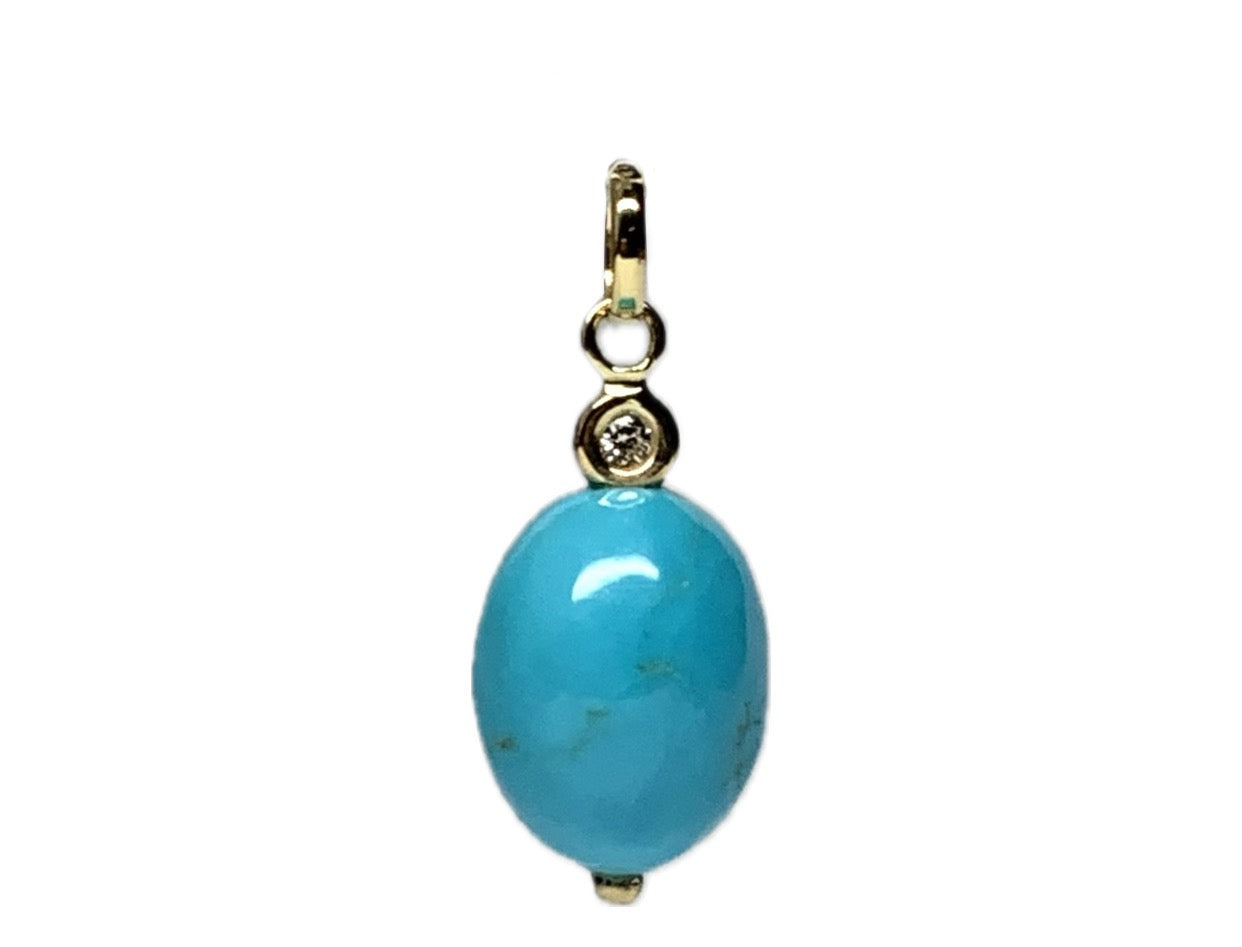 18k Solid Yellow Gold, Diamond, Turquoise Mini Pendant