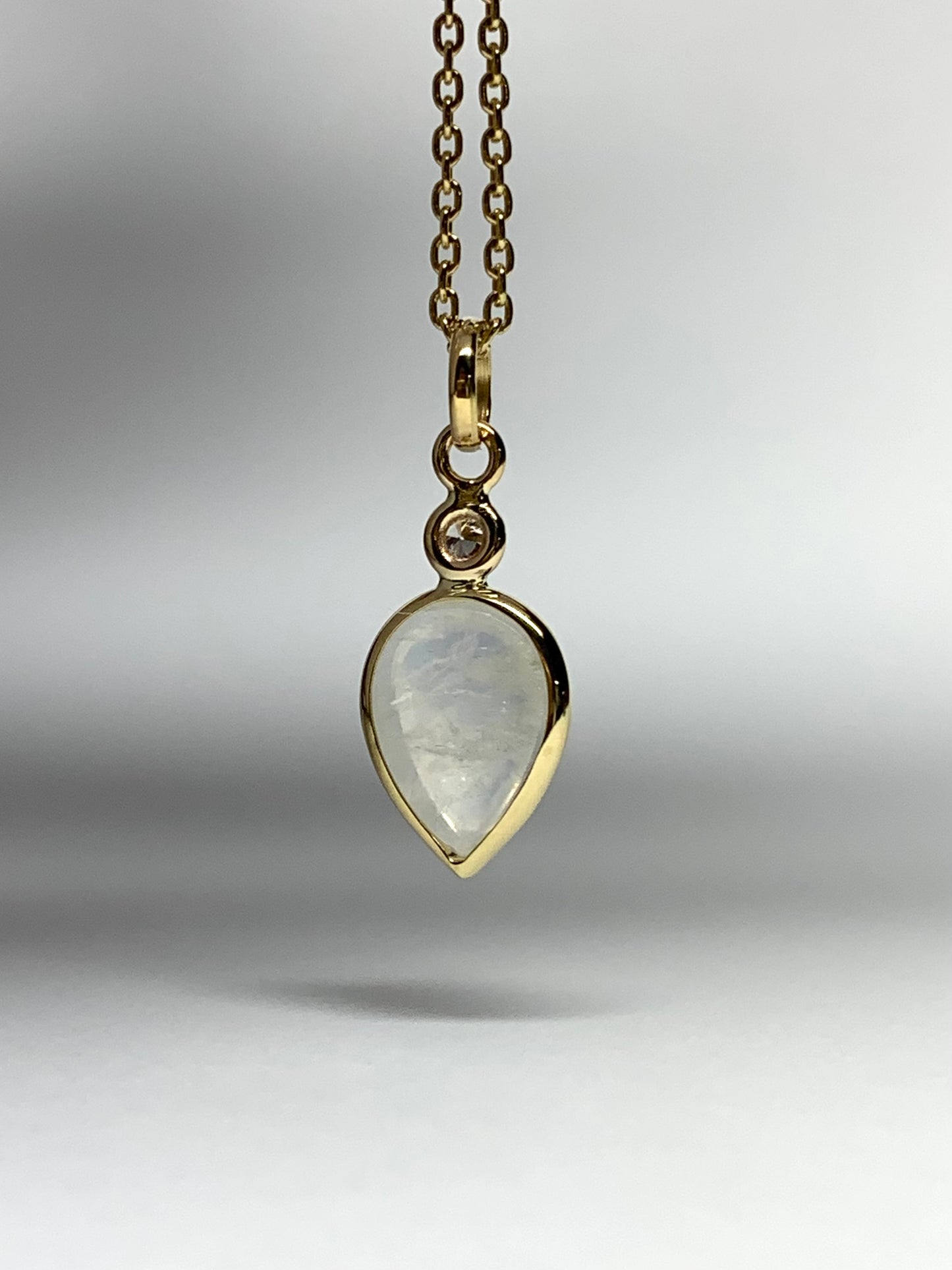 18k Solid Yellow Gold, Diamond, Pear Shaped Blue Rainbow Moonstone Mini Pendant