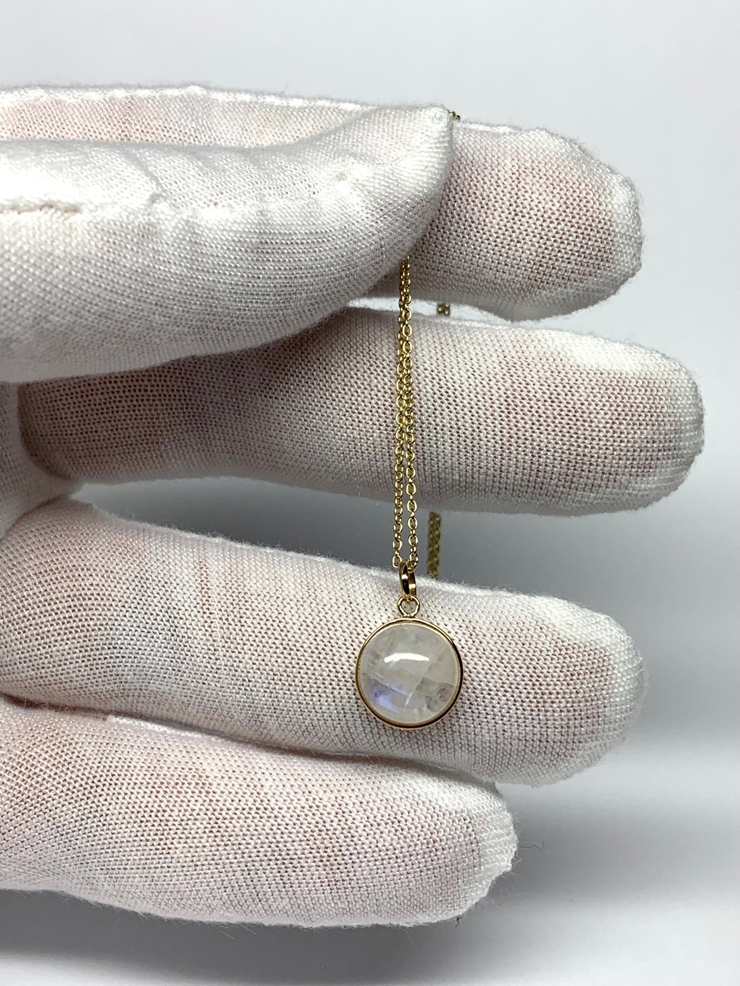 14k Solid Yellow Gold, Natural Rainbow Moonstone Cabochon Pendant, Mini Size