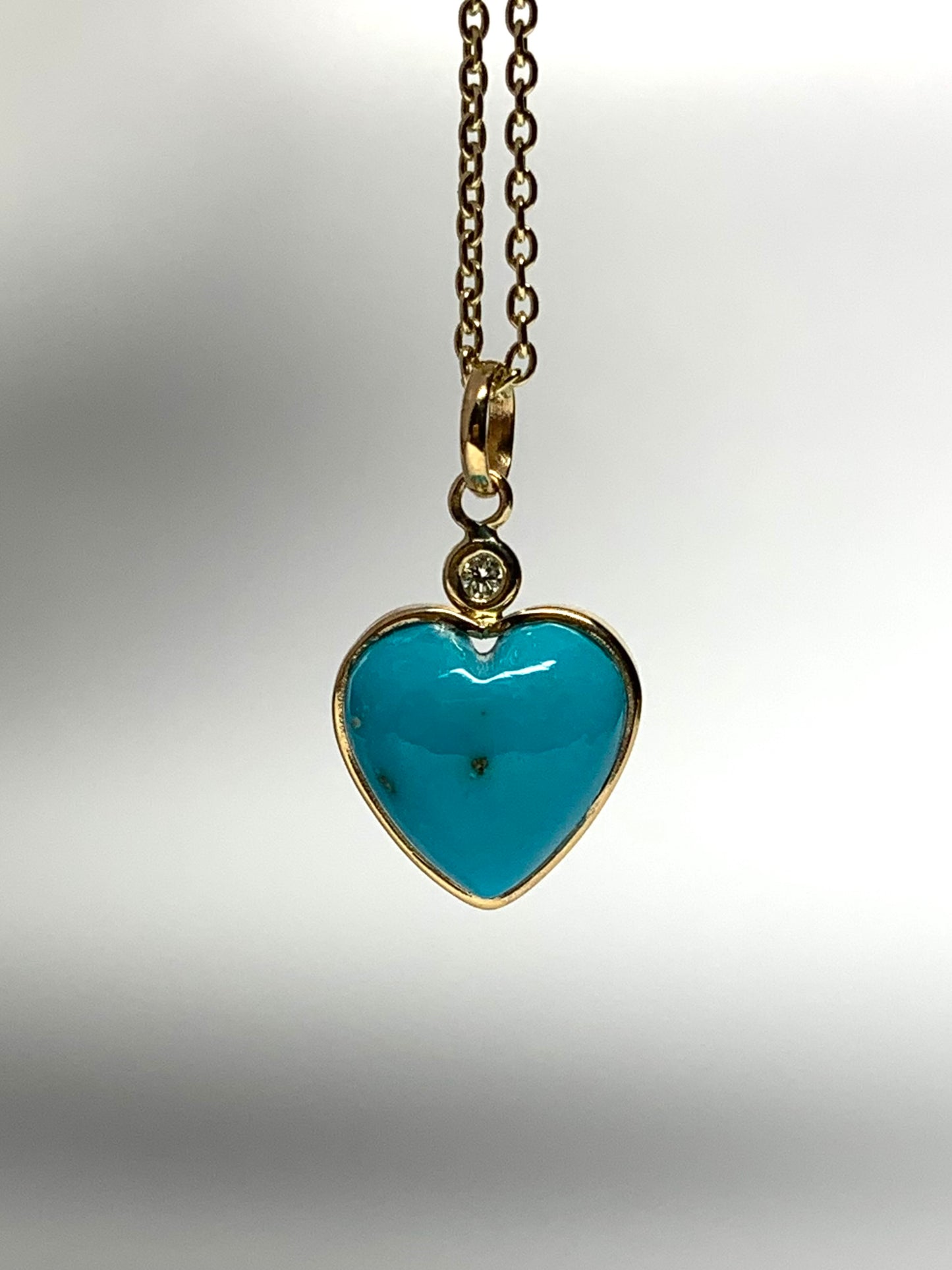 14k Solid Yellow Gold, Diamond, Sleeping Beauty Blue Turquoise “Heart” Mini Pendant