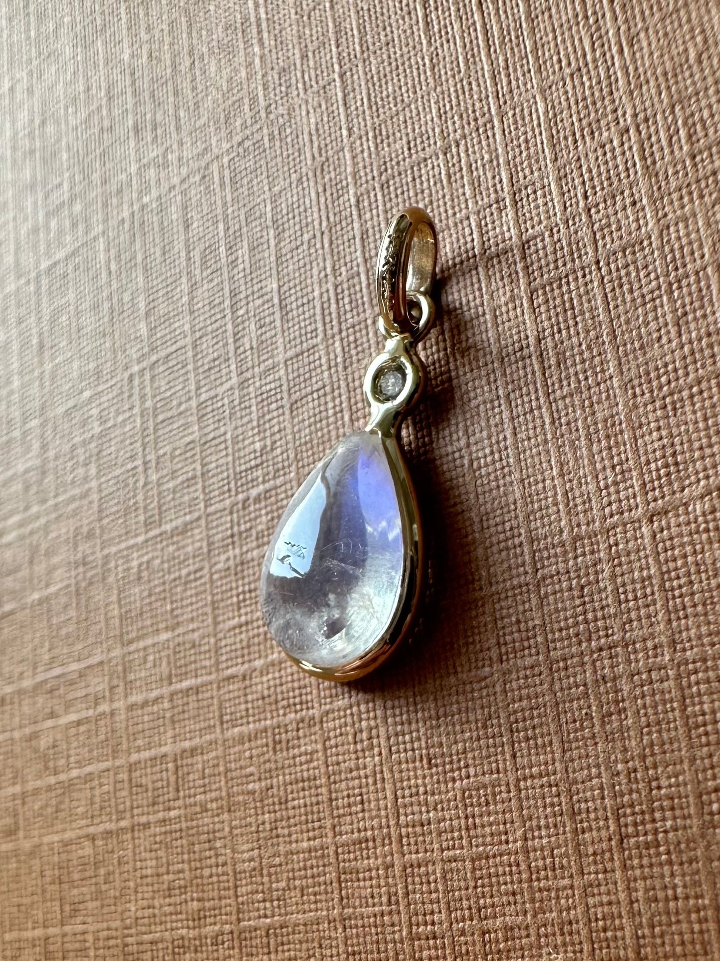 14k Solid Yellow Gold, Diamond, Pear Shaped Blue Rainbow Moonstone Mini Pendant