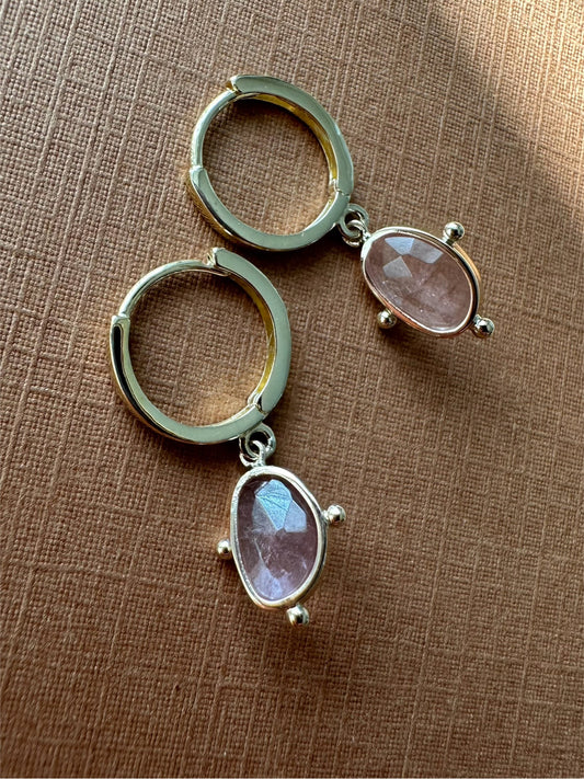 14k Solid Yellow Gold, Natural Pink Tourmaline Mini Hoop Earrings