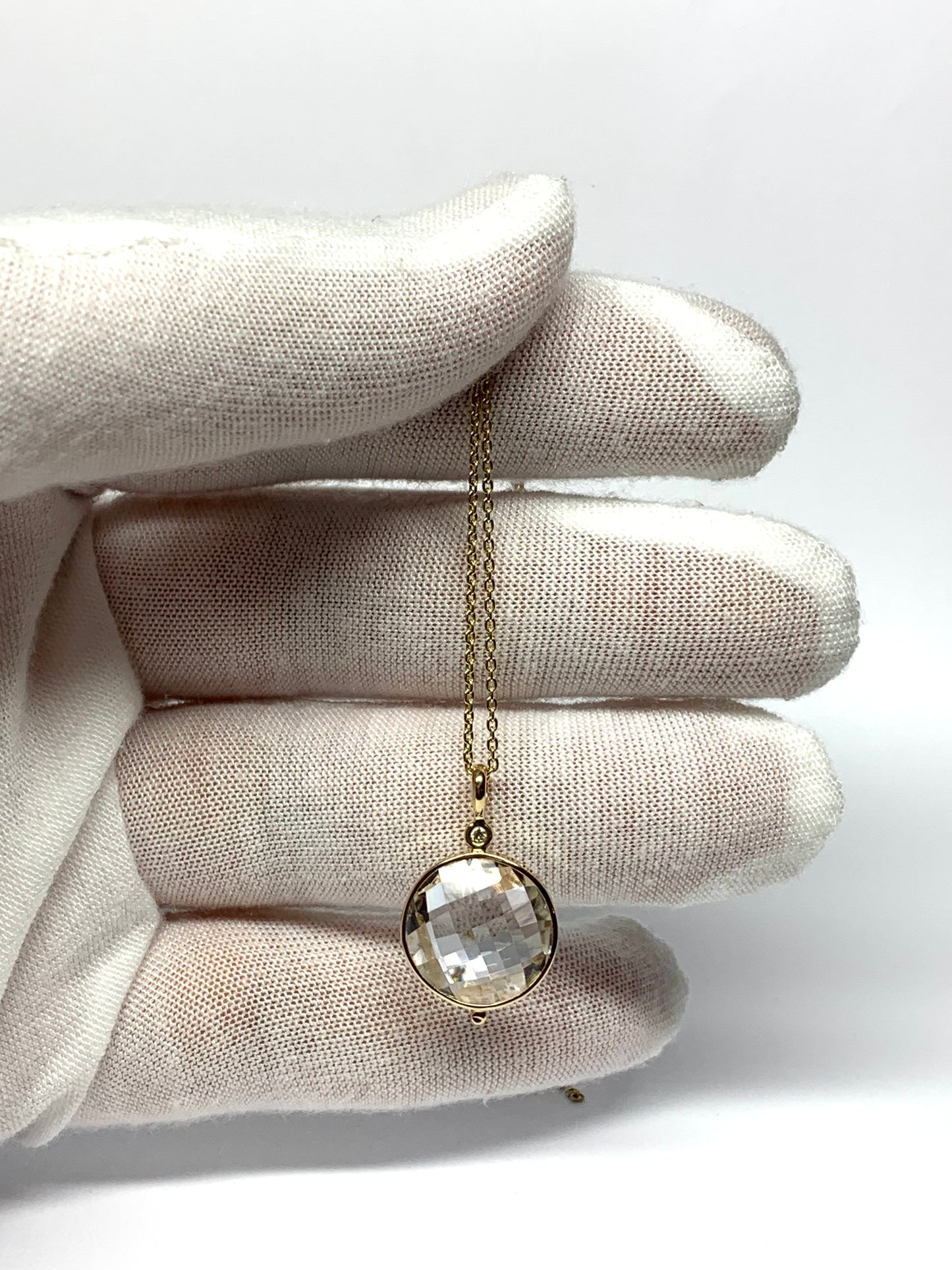 14K Solid Yellow Gold, Diamond, Round Clear Quartz Drop Pendant