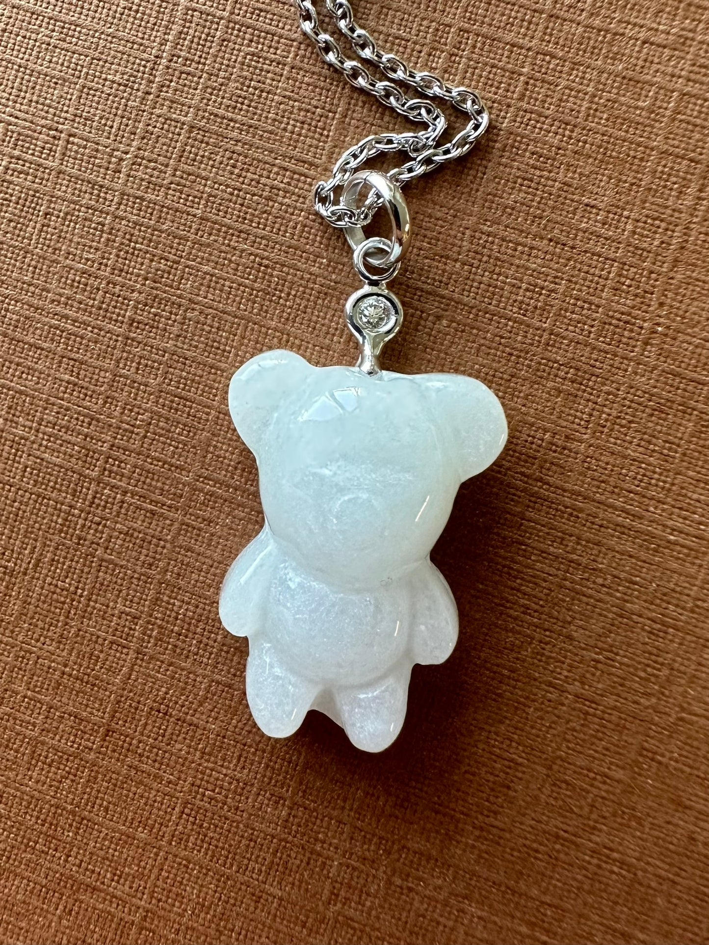 14k Solid Gold, Diamond, White Jade “Teddy Bear” Pendant