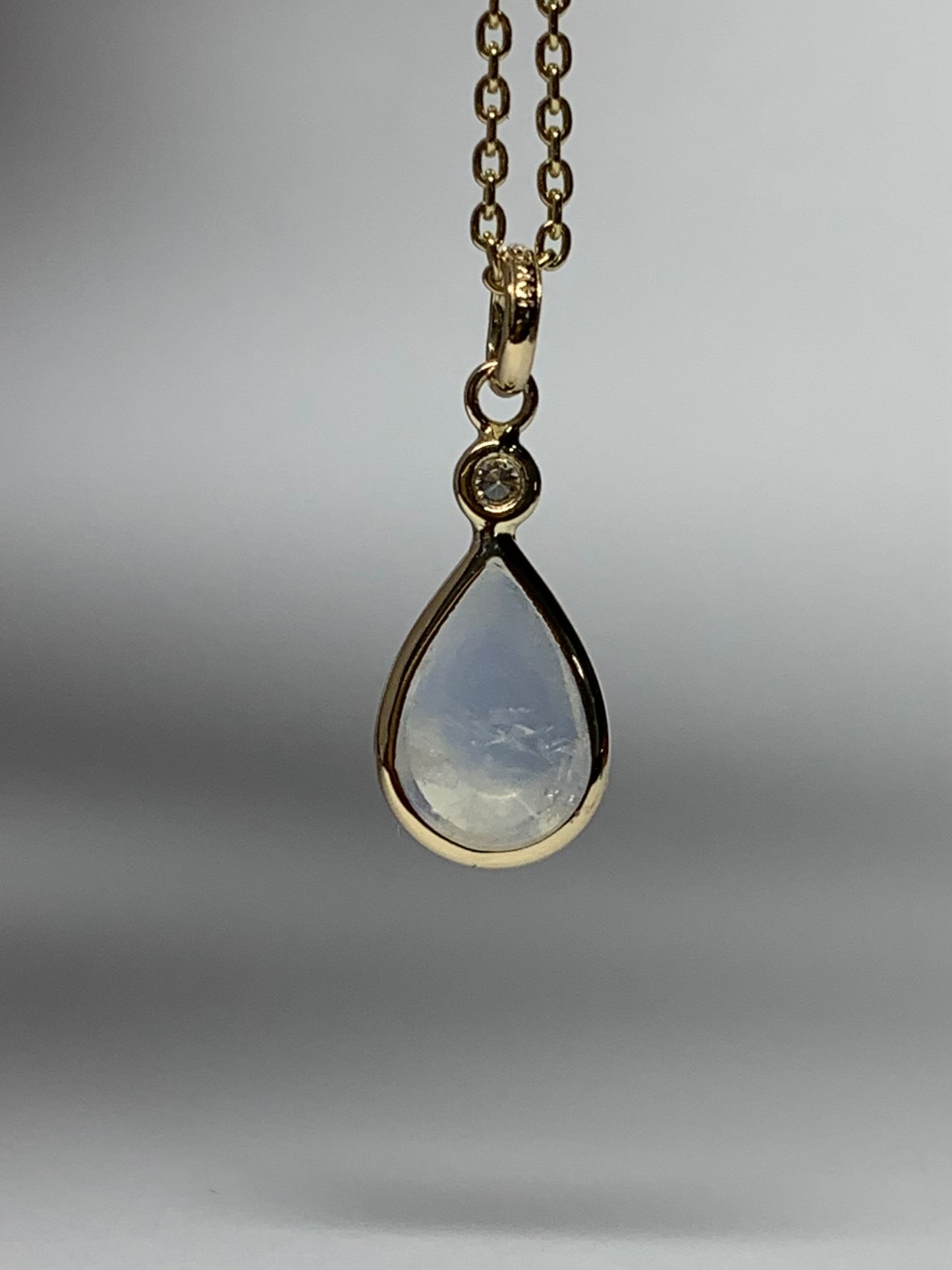 14k Solid Yellow Gold, Diamond, Pear Shaped Blue Rainbow Moonstone Mini Pendant