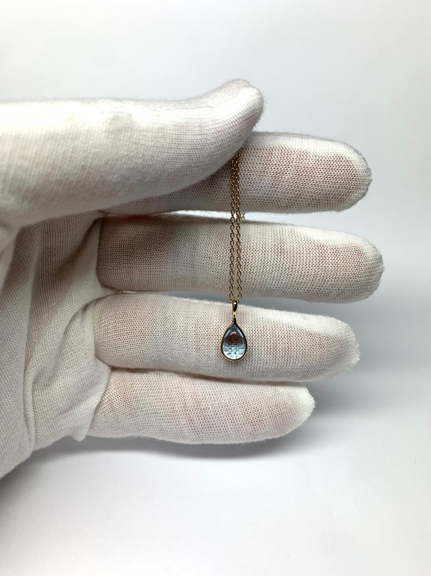 “Water Drop”, 14k Solid Yellow Gold, Blue Topaz Pear Cabochon Mini Pendant