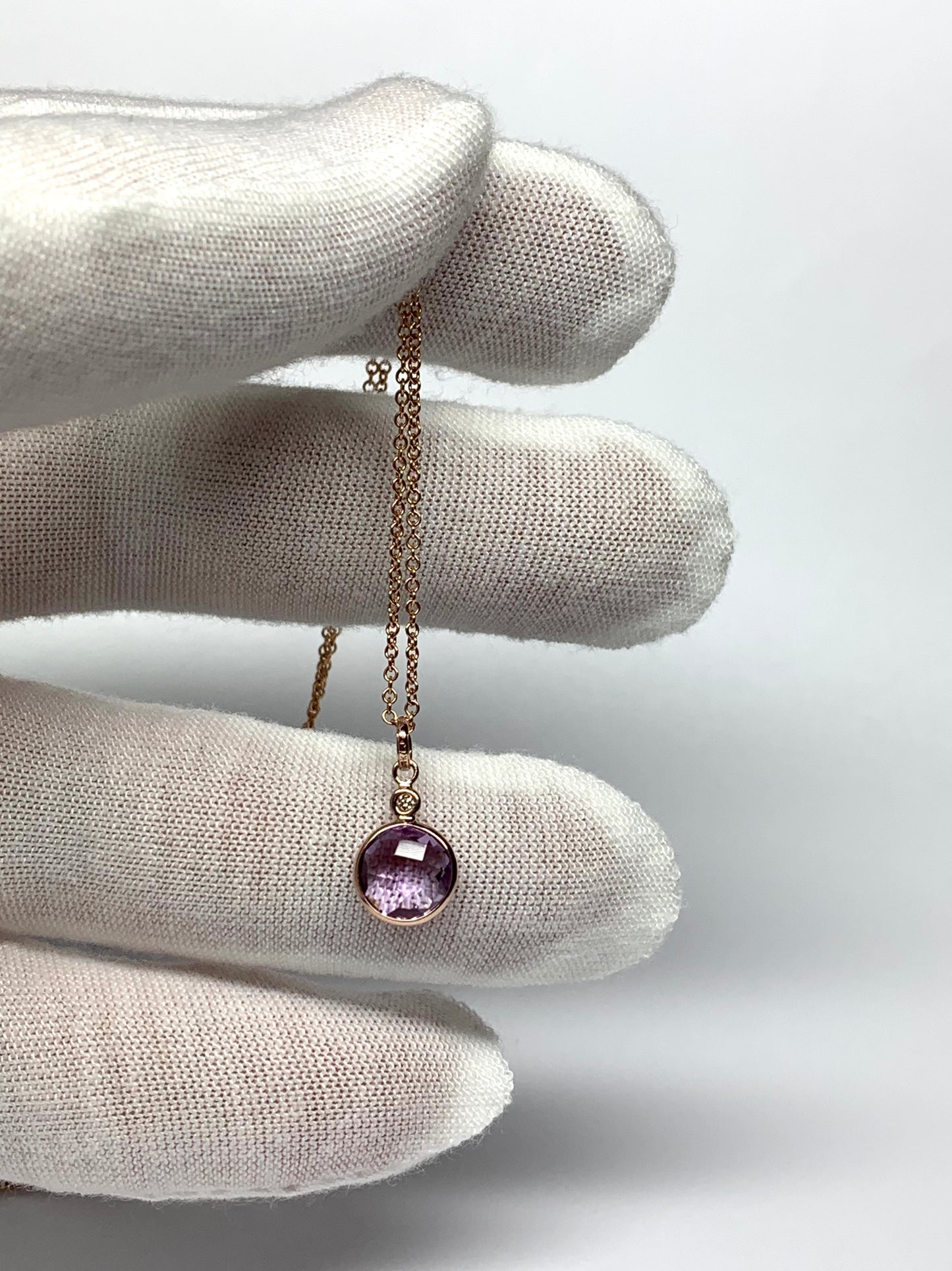 14K Solid Rose Gold, Diamond, Pink Amethyst Mini Pendant