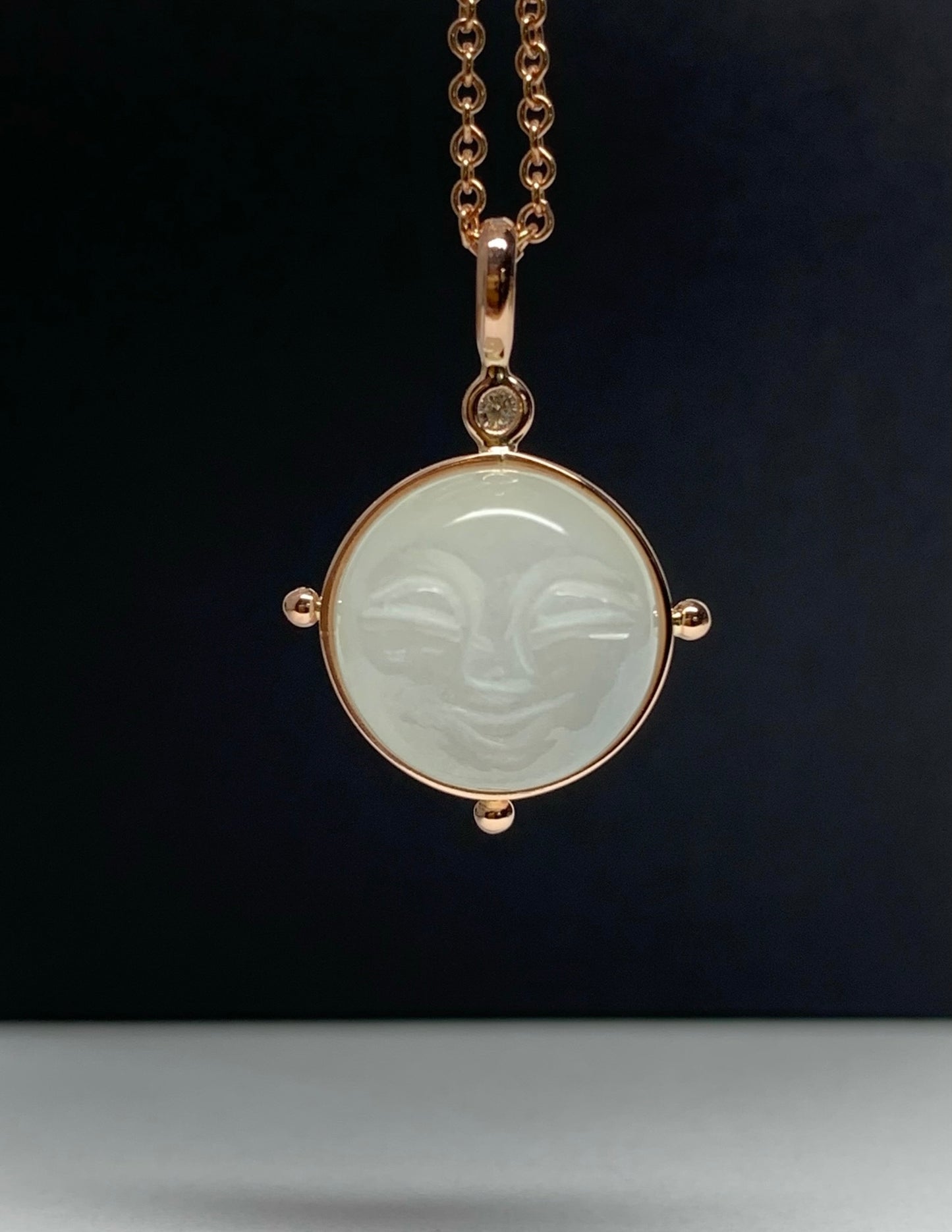 14k Solid Rose Gold, Diamond, White Moonstone “Moon Baby” Pendant, Carved Face