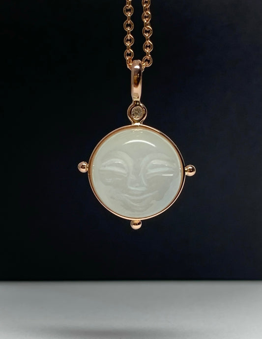 14k Solid Rose Gold, Diamond, White Moonstone “Moon Baby” Pendant, Carved Face