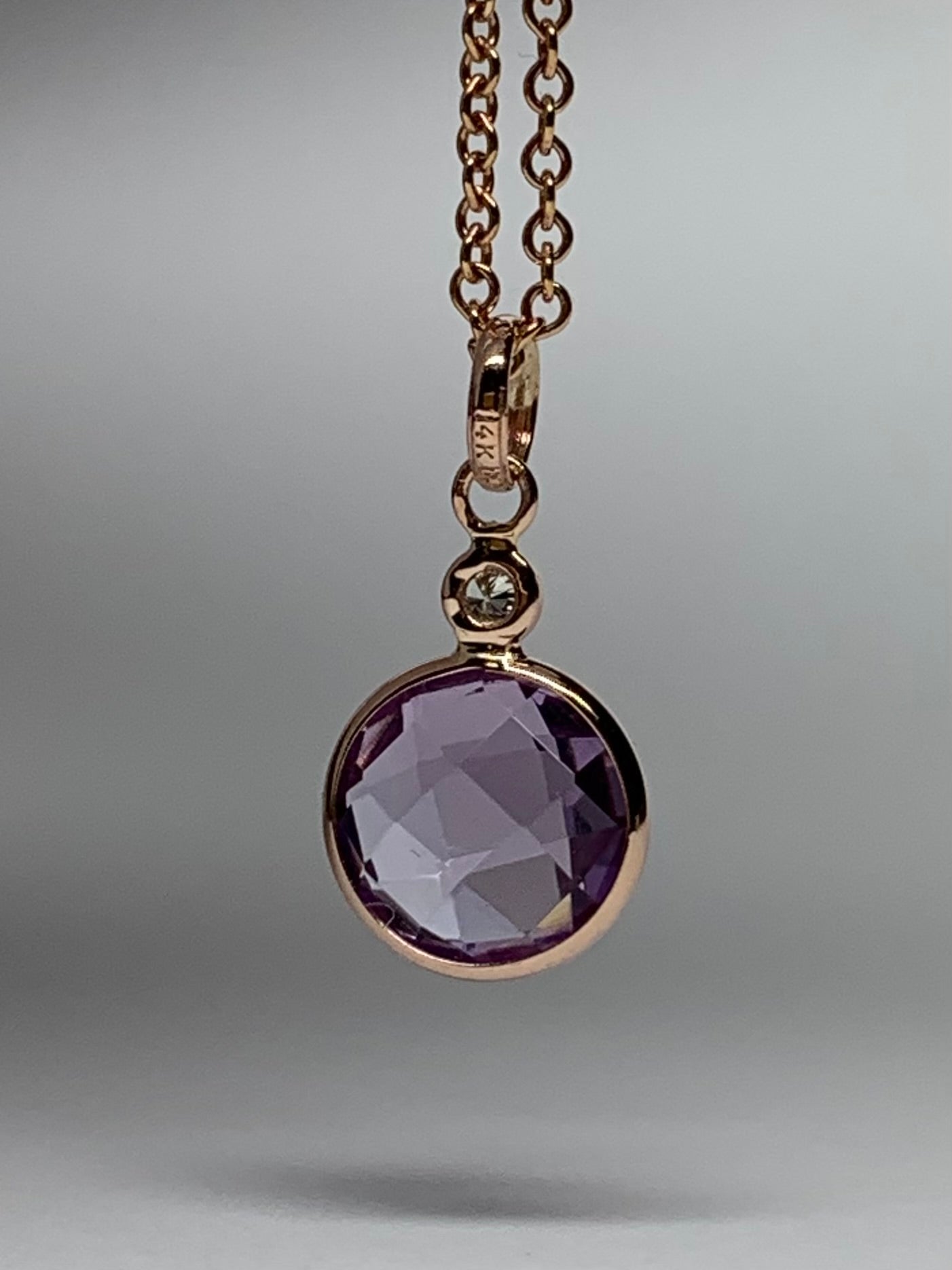 14K Solid Rose Gold, Diamond, Pink Amethyst Mini Pendant