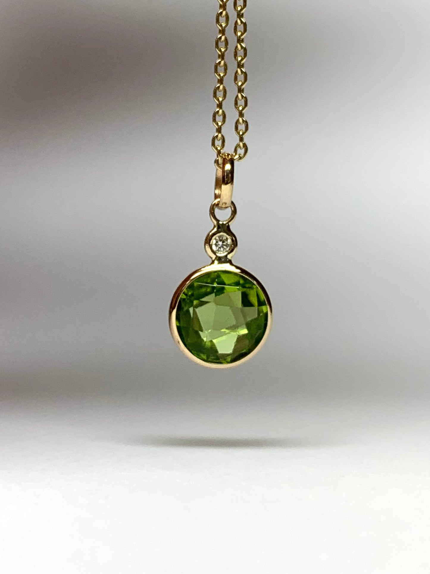 14k Solid Yellow Gold, Diamond, Green Peridot Mini Pendant