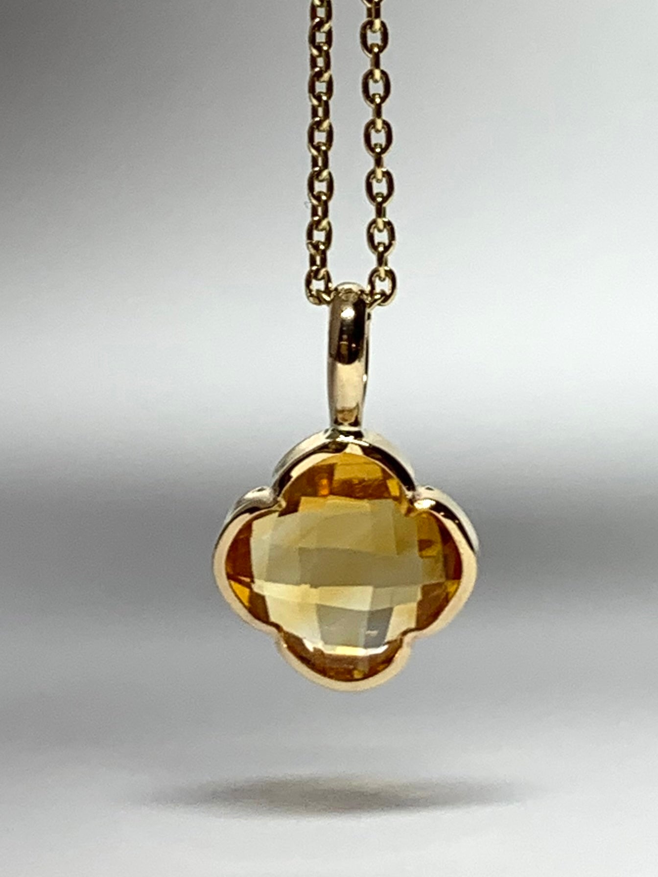 14k Solid Yellow Gold, Yellow Citrine Pendant “Clover”, Mini Size