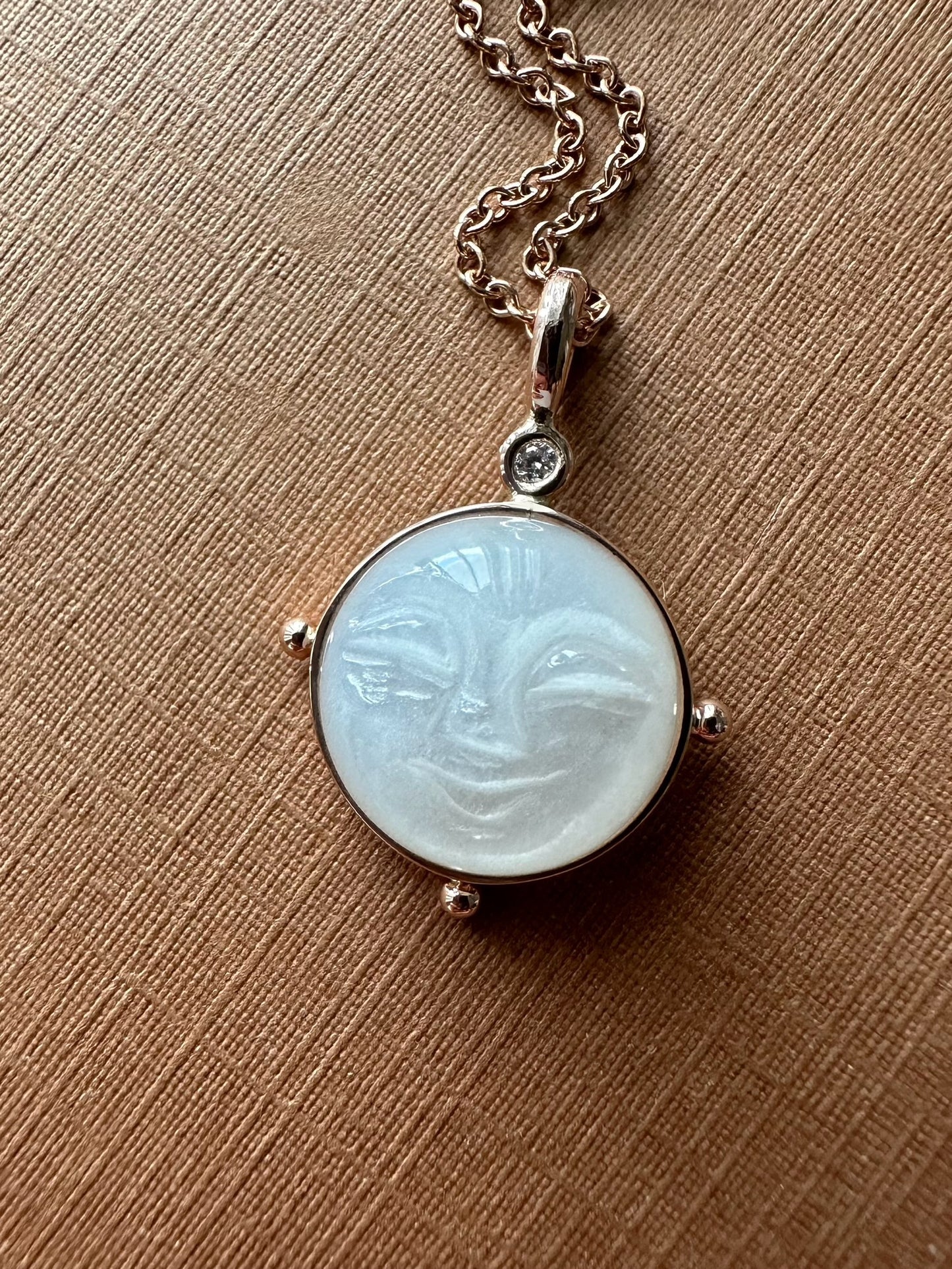 14k Solid Rose Gold, Diamond, White Moonstone “Moon Baby” Pendant, Carved Face