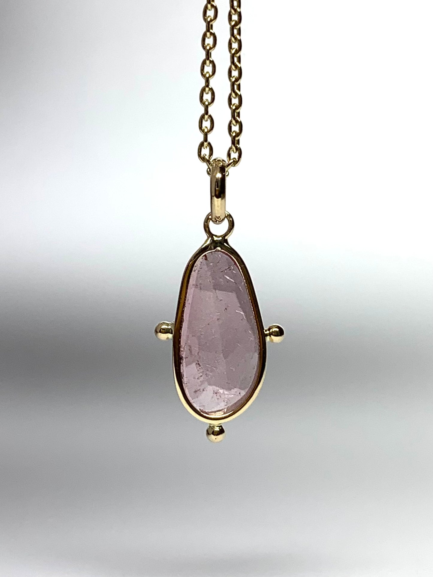 14k Solid Yellow Gold, Natural Pink Tourmaline Mini Pendant, Golden Dots