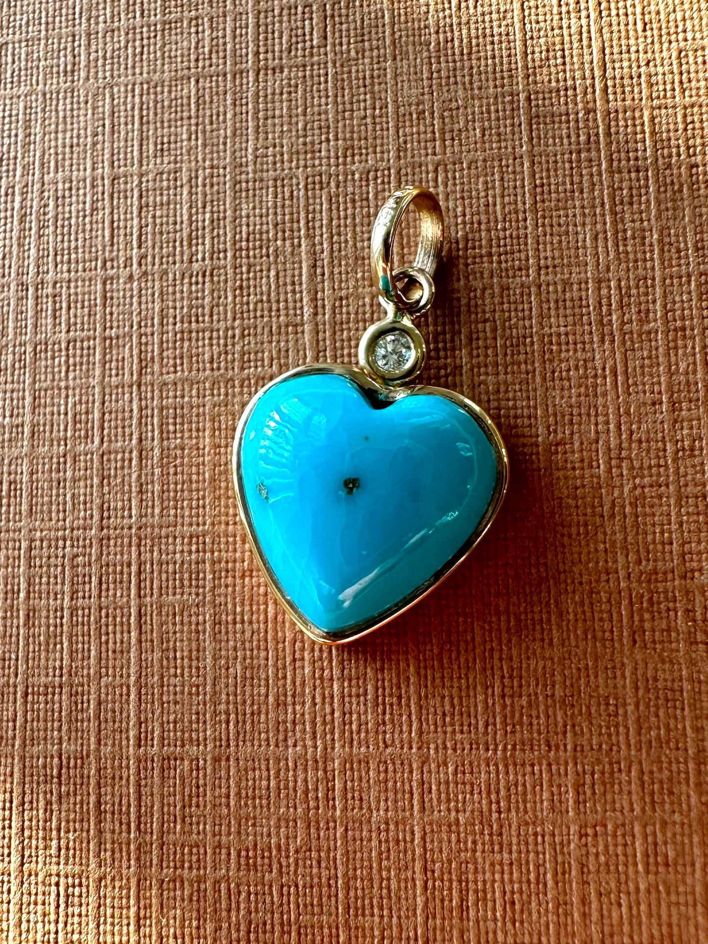 14k Solid Yellow Gold, Diamond, Sleeping Beauty Blue Turquoise “Heart” Mini Pendant