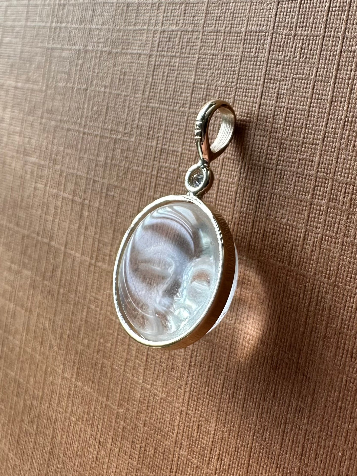 14k Solid Yellow Gold, Clear Quartz, White Diamond “Moon and Star” Pendant, Carved Face, Small Size