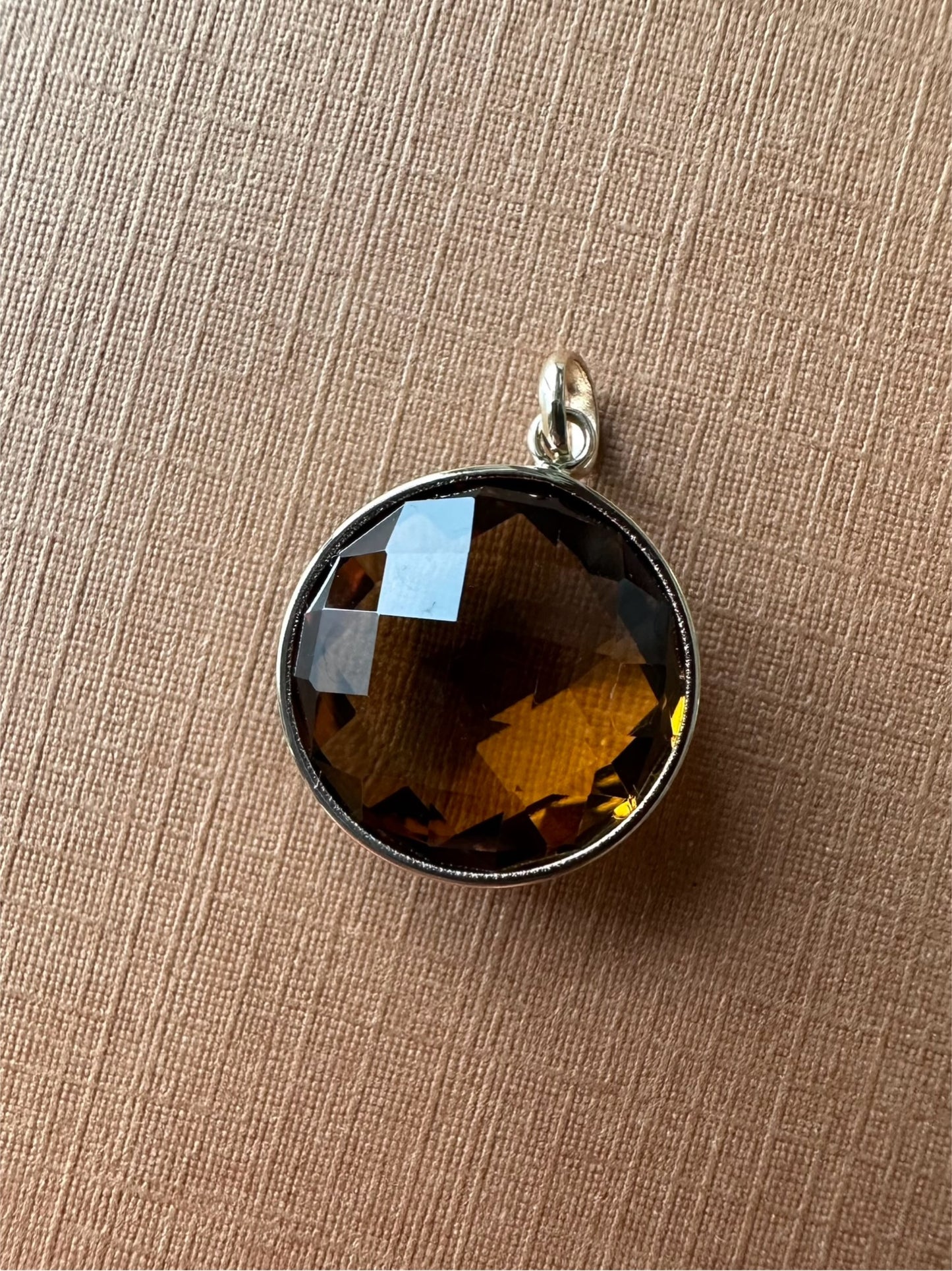 14K Solid Yellow Gold, Round Cognac Quartz Drop Pendant