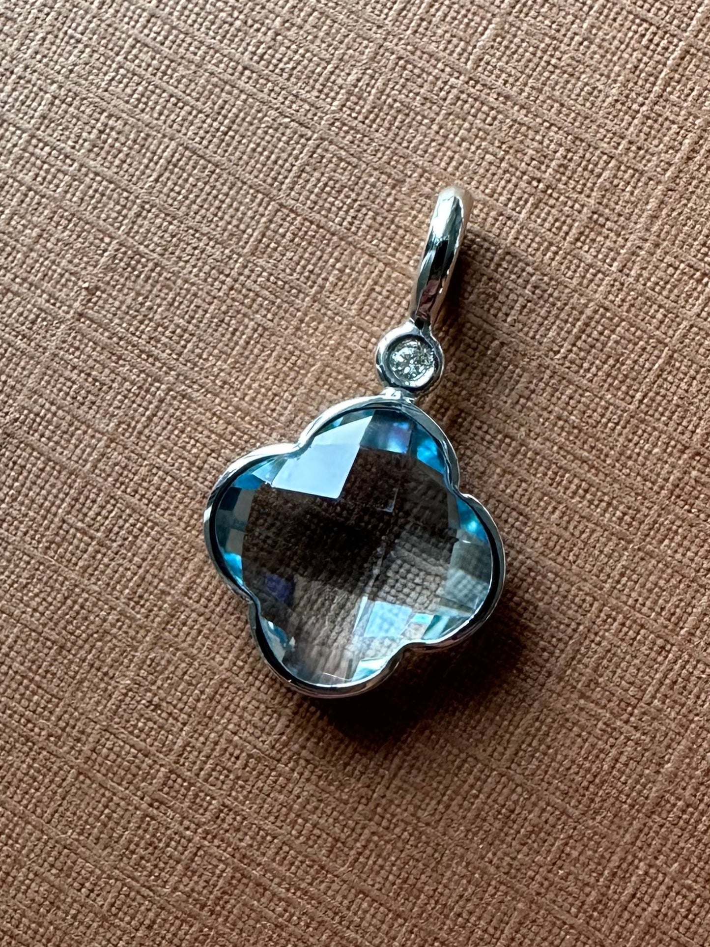 14k Solid White Gold, White Diamond, Blue Topaz “Clover” Pendant