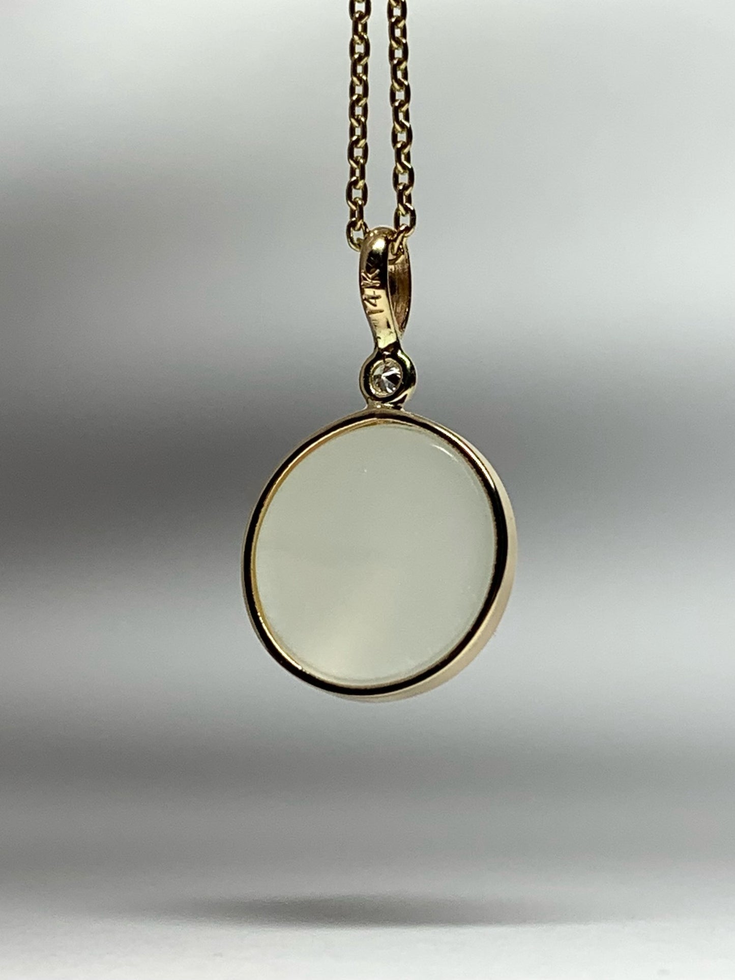 14k Solid Yellow Gold, White Diamond, White Moonstone “Moon and Star” Pendant, Small Size