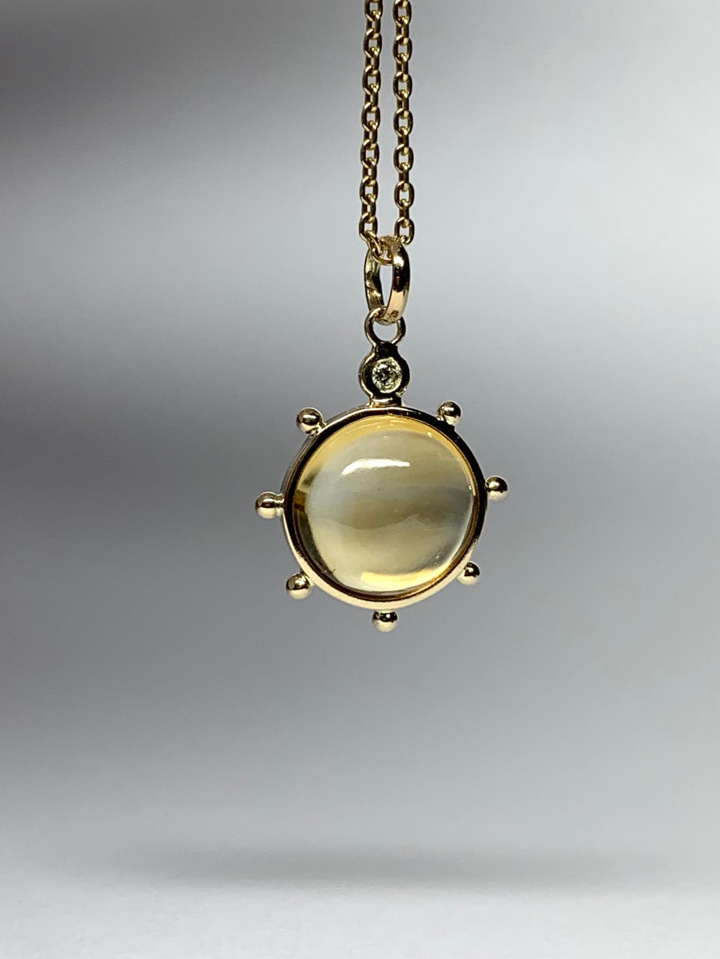 14k Solid Yellow Gold, Yellow Citrine, Diamond “Sun” Pendant, Mini Size