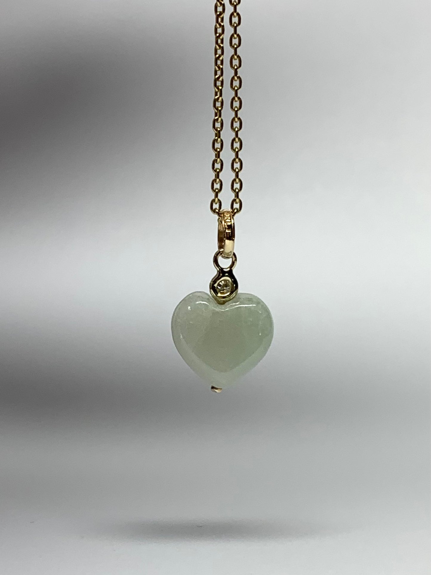 14k Solid Yellow Gold, Diamond, White Jade “Heart” Mini Pendant