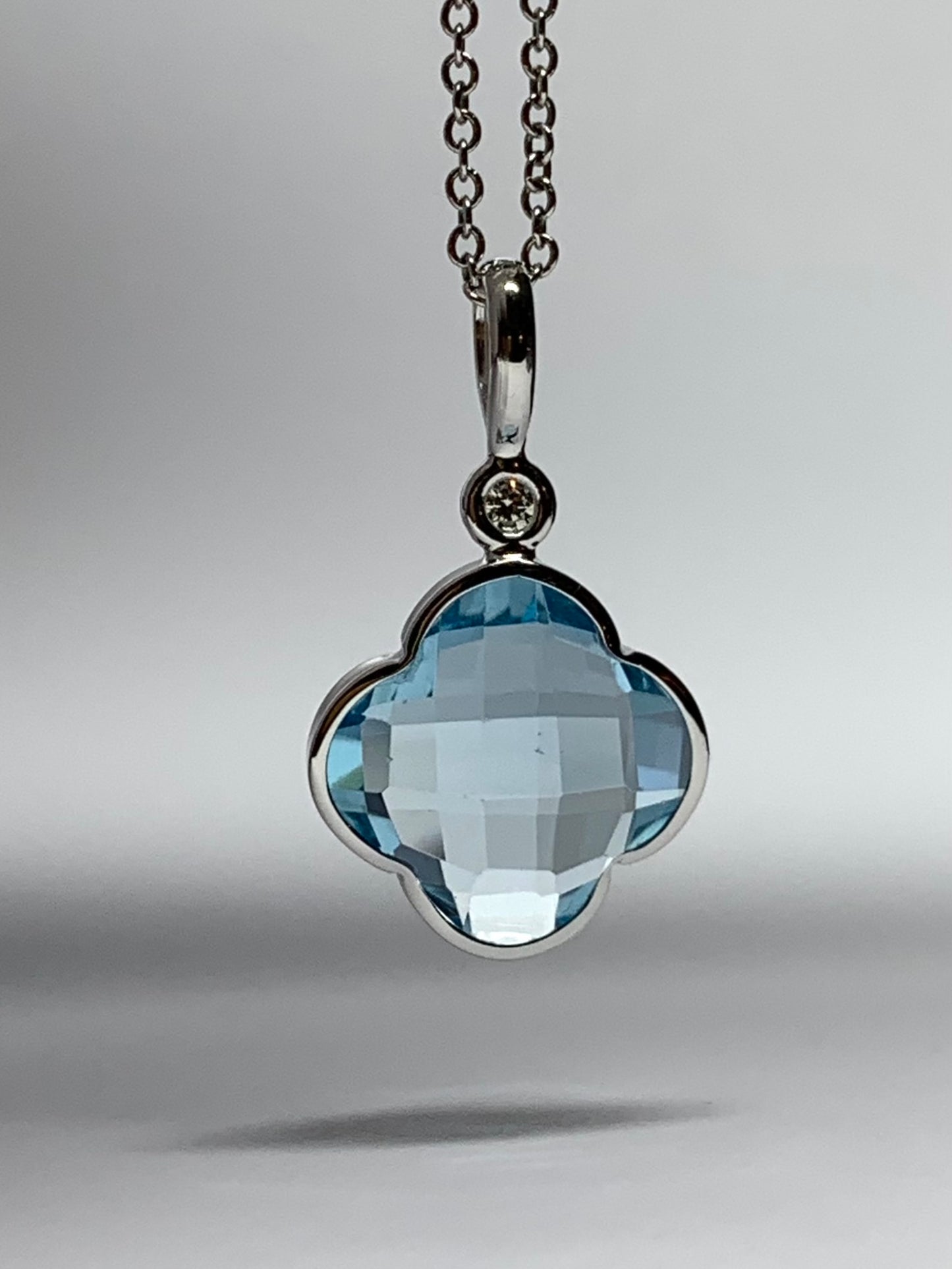 14k Solid White Gold, White Diamond, Blue Topaz “Clover” Pendant