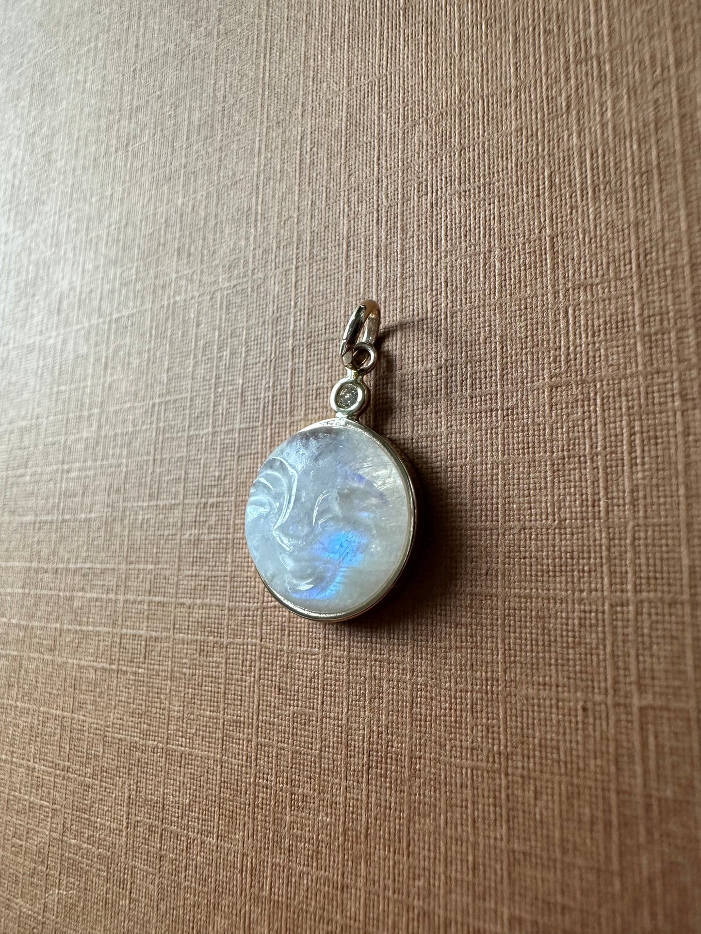 14k Solid Yellow Gold, White Diamond, Rainbow Moonstone “Moon and Star” Pendant, Small Size