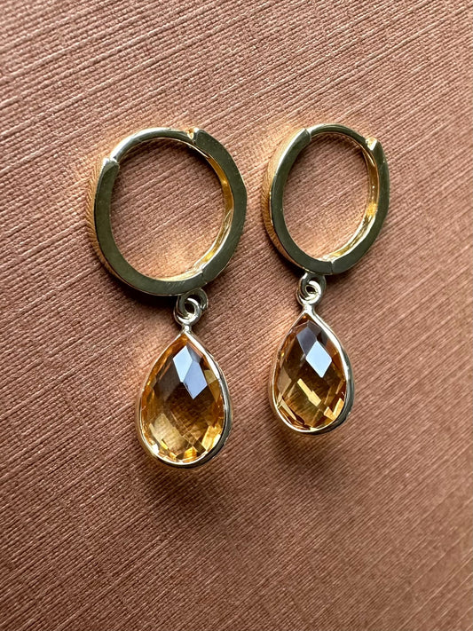 14k Solid Yellow Gold, Yellow Citrine Hoop Earrings, Mini Size