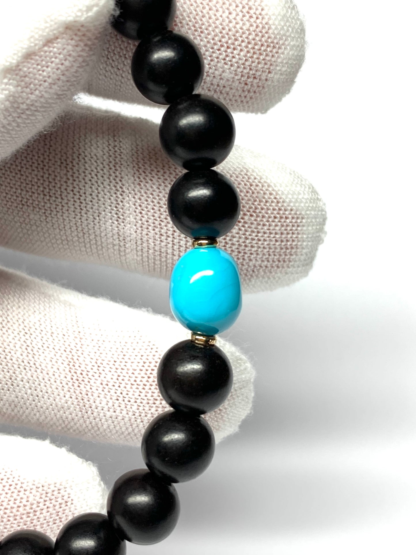 14k Solid Yellow Gold, Wood, Sleeping Beauty Turquoise Stretch Beaded Bracelet