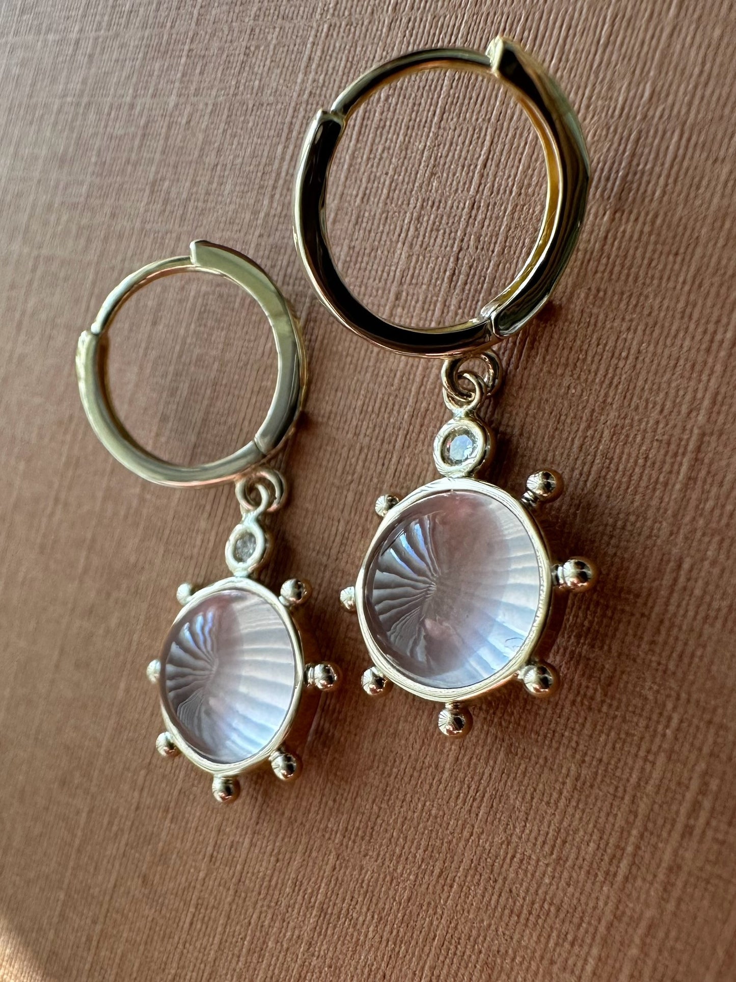 14k Solid Yellow Gold, Diamonds, Rose Pink Quartz “Sun” Mini Earrings