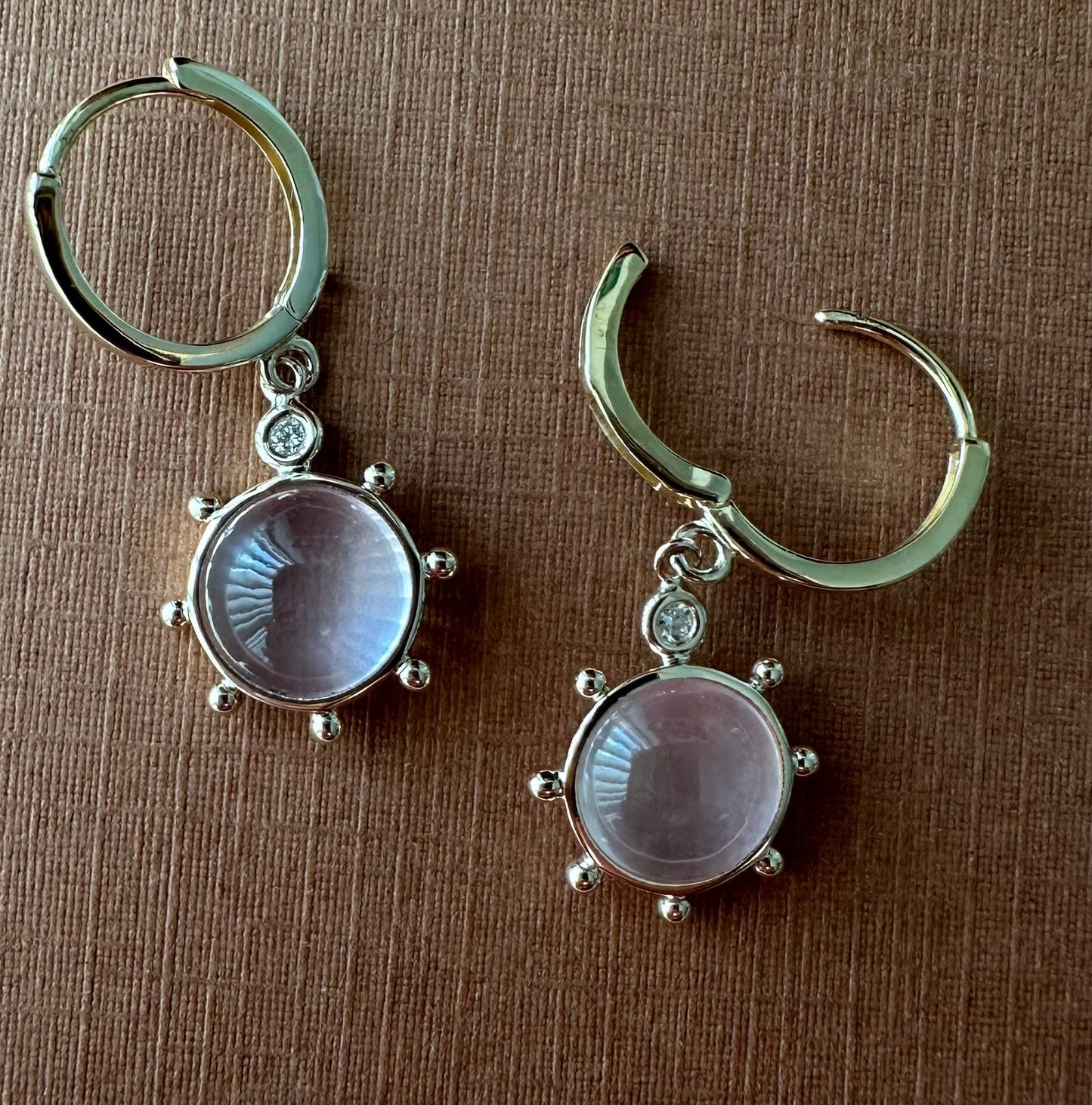 14k Solid Yellow Gold, Diamonds, Rose Pink Quartz “Sun” Mini Earrings