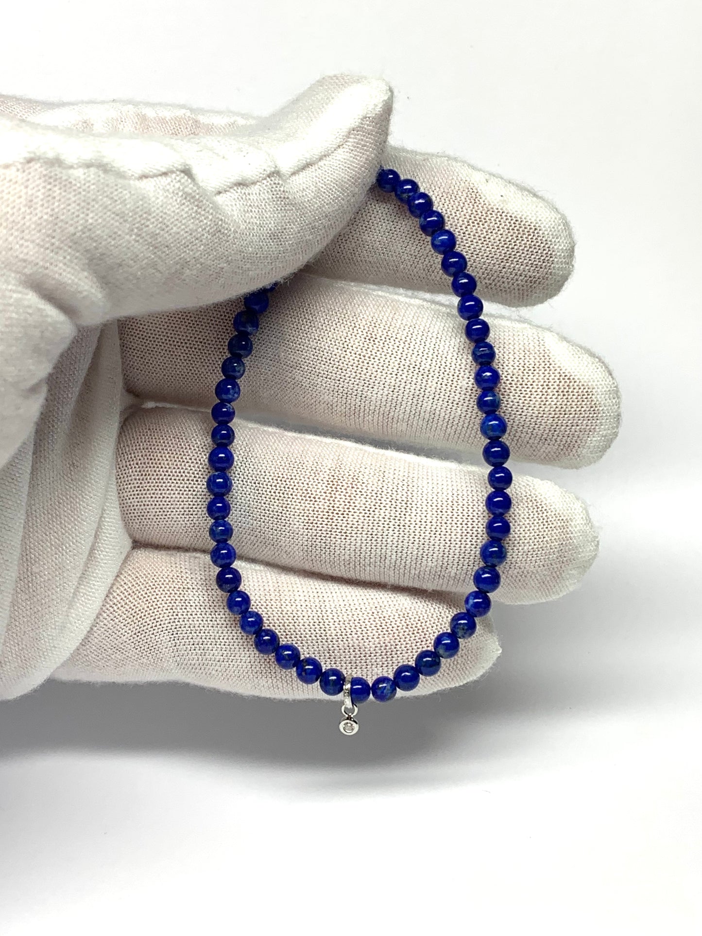 14k Solid Gold, Diamond, Lapis Lazuli Beads Stretch Bracelet