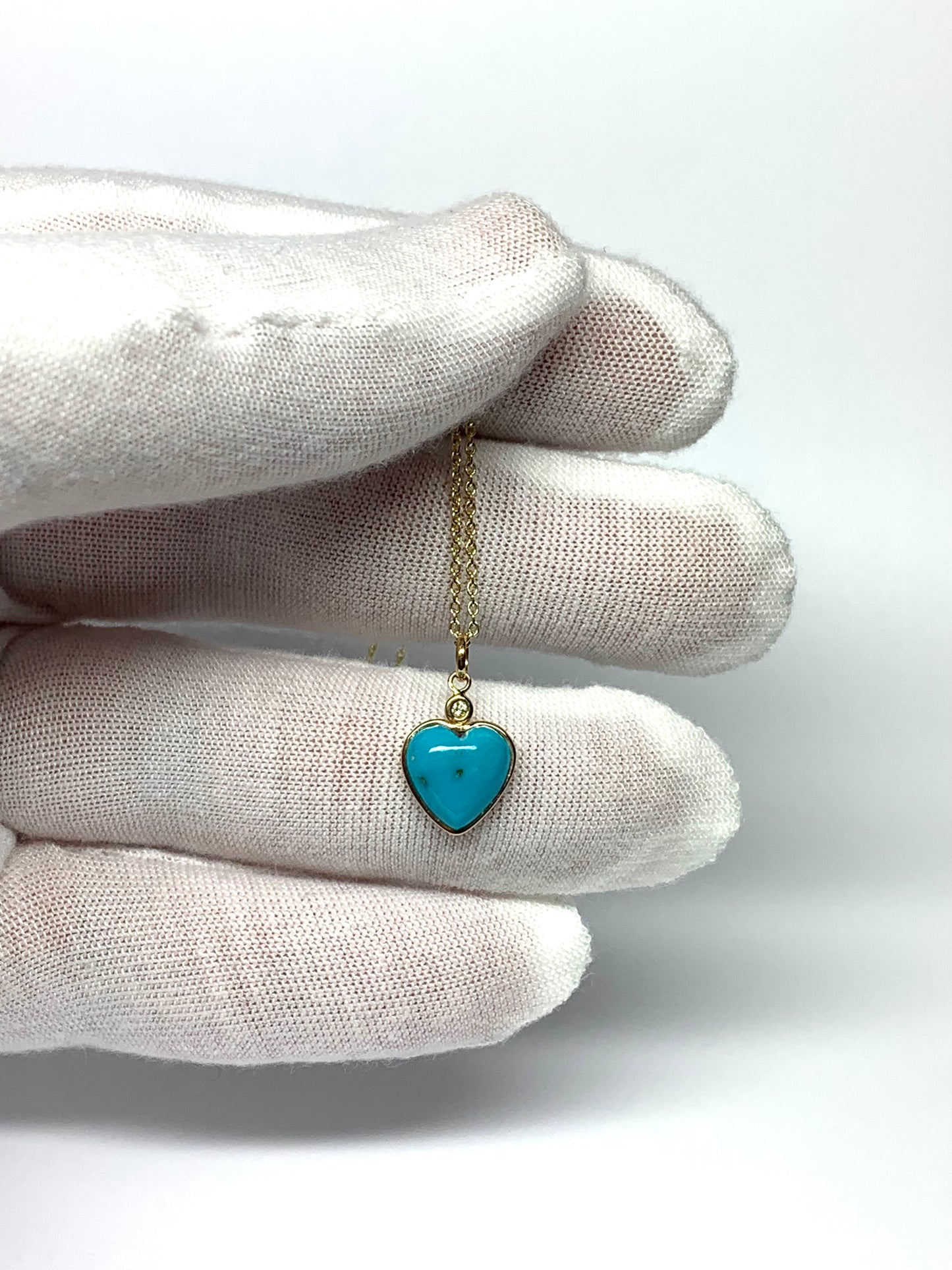 14k Solid Yellow Gold, Diamond, Sleeping Beauty Blue Turquoise “Heart” Mini Pendant